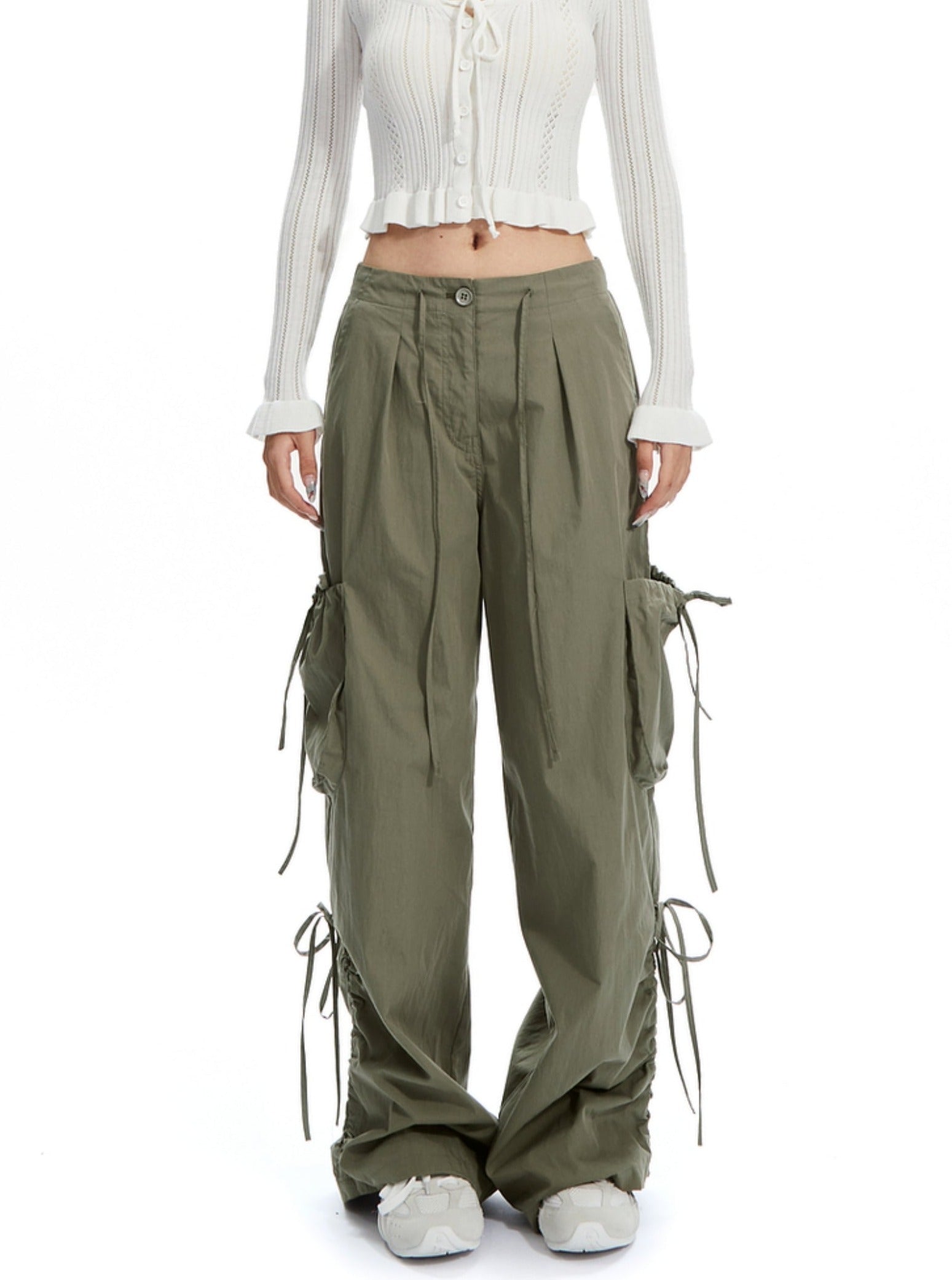 Wide-Leg Cargo Pants with Adjustable Ties