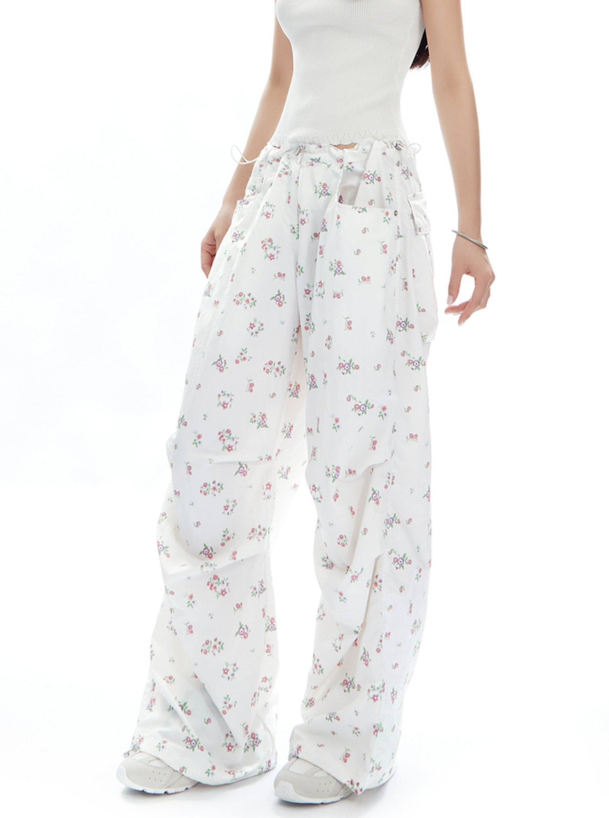 Light Blue Wide-Leg Pants with Butterfly Print