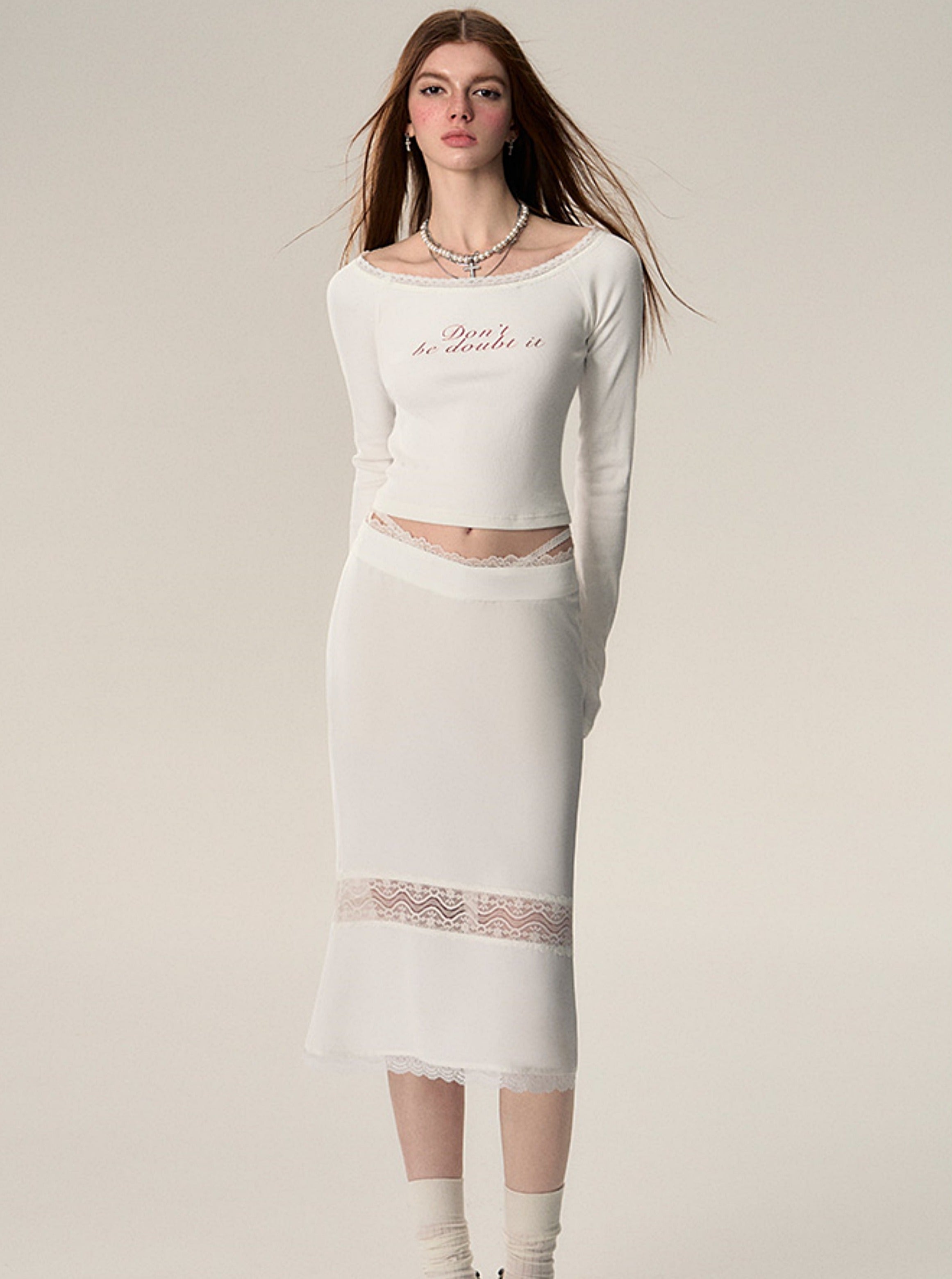 Waist Cutout Lace Stitched Skirt - chiclara