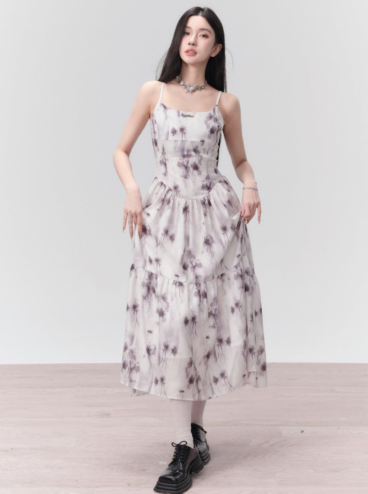 Ethereal Floral Spaghetti Strap Midi Dress in Lavender Mist