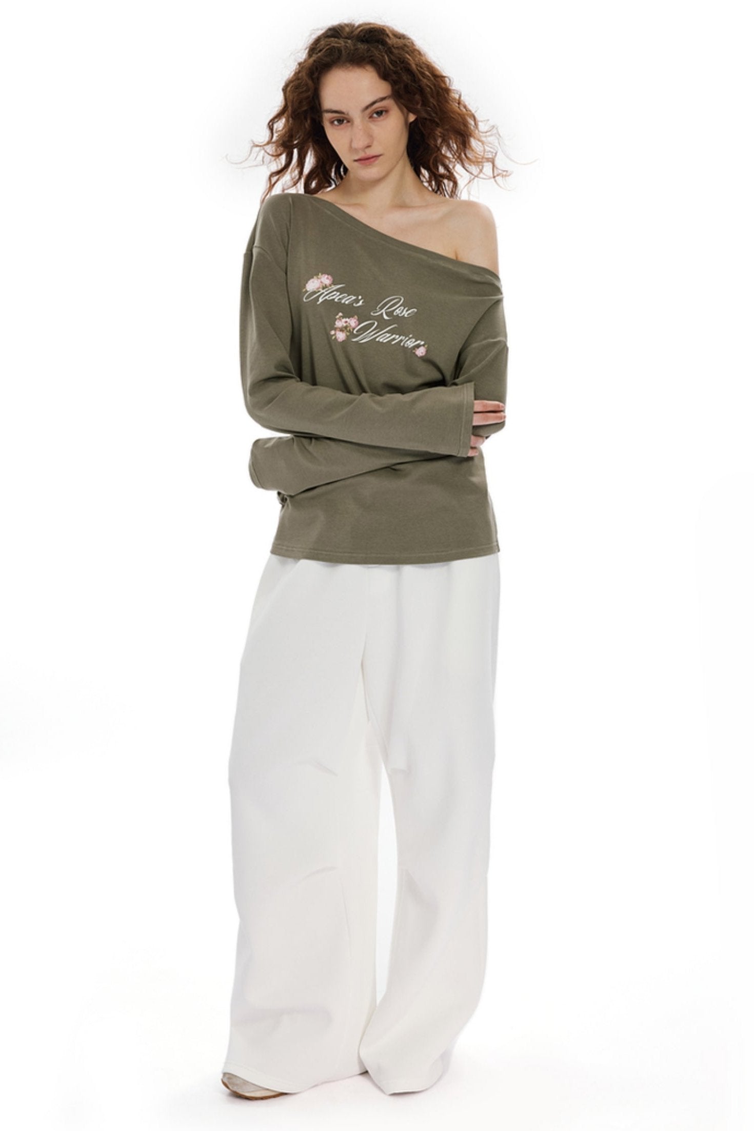 Olive Bloom Off-Shoulder Tee