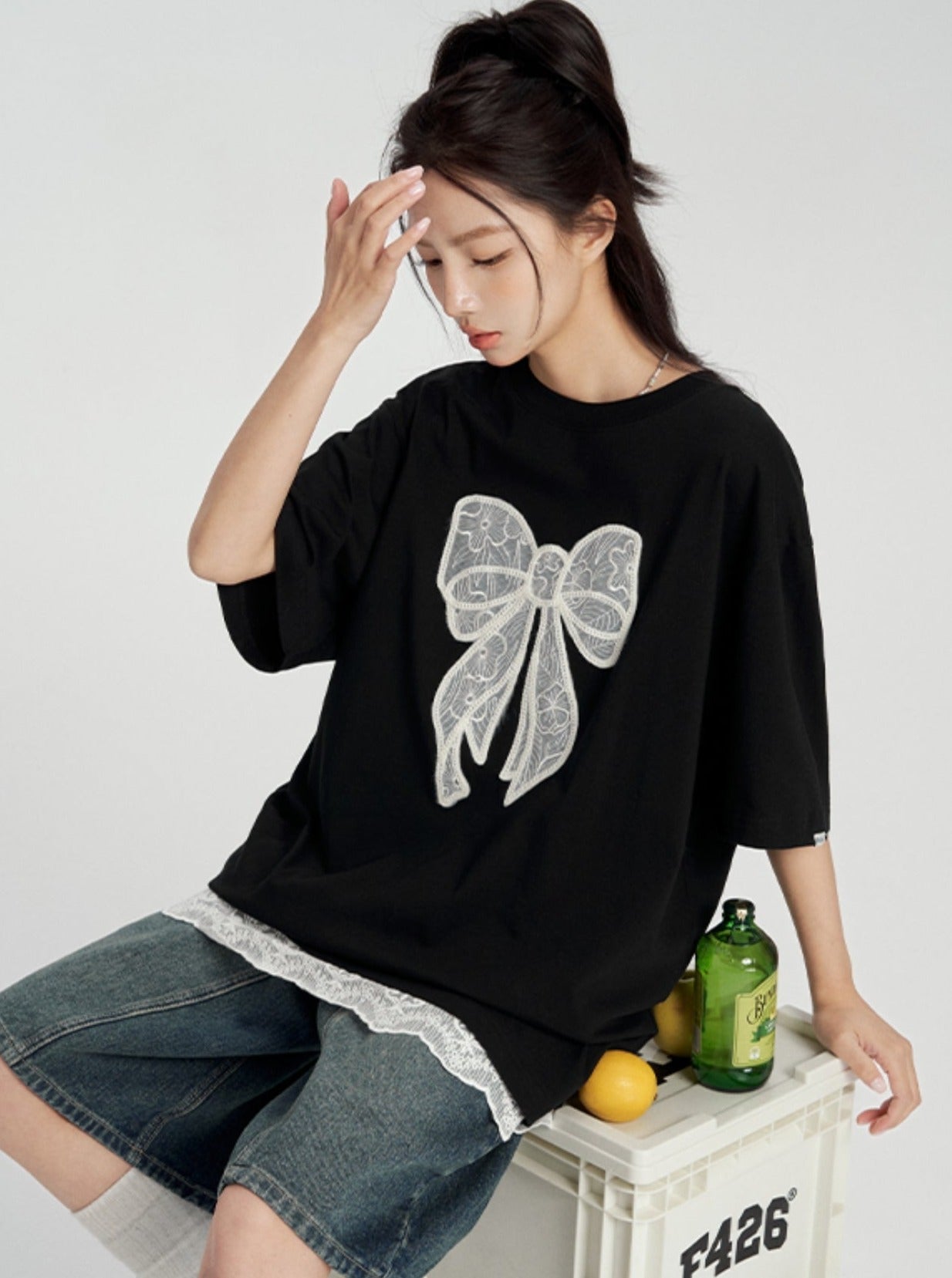 T-Shirt with Lace Bow Detail - chiclara