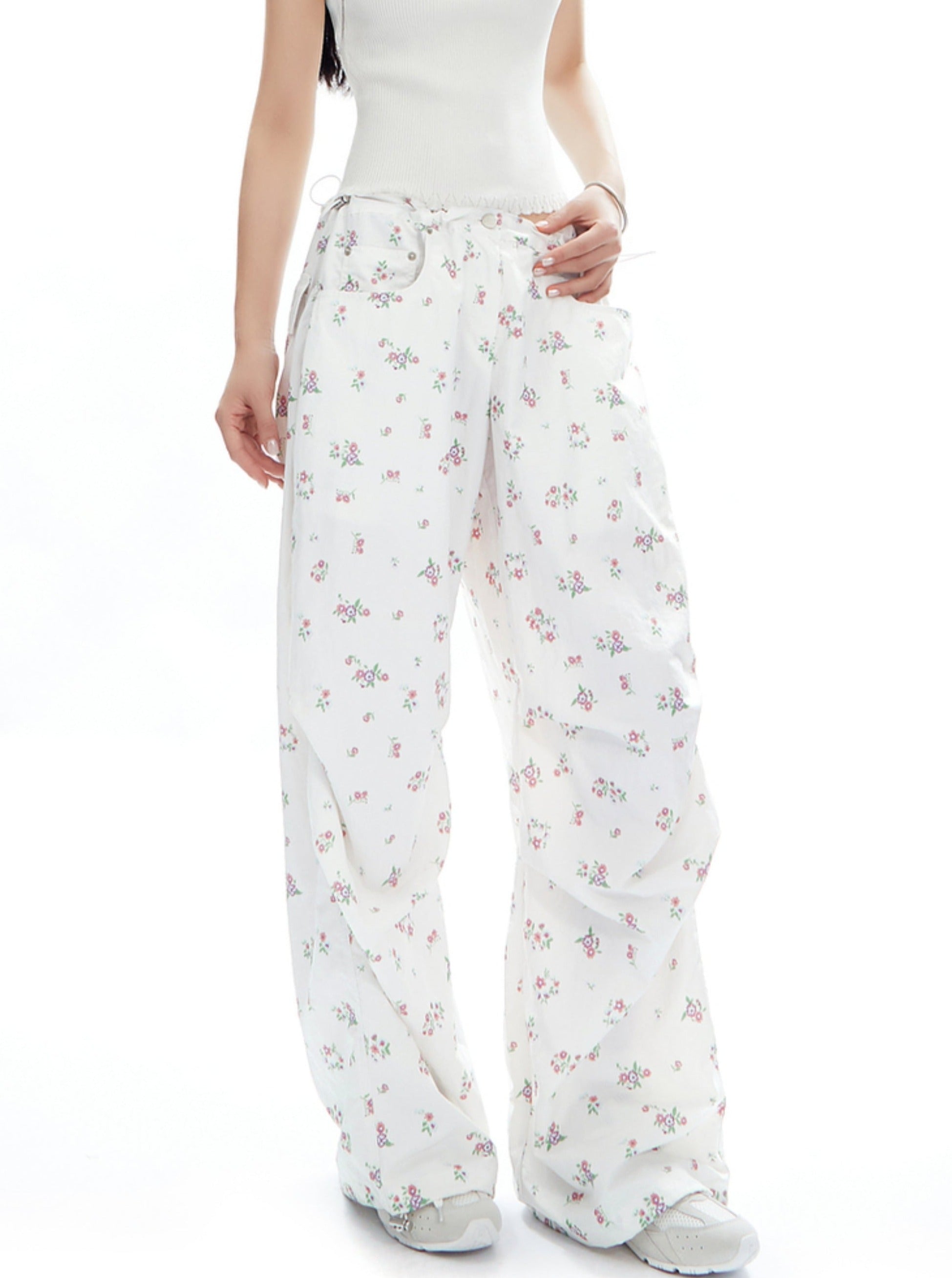 Light Blue Wide-Leg Pants with Butterfly Print