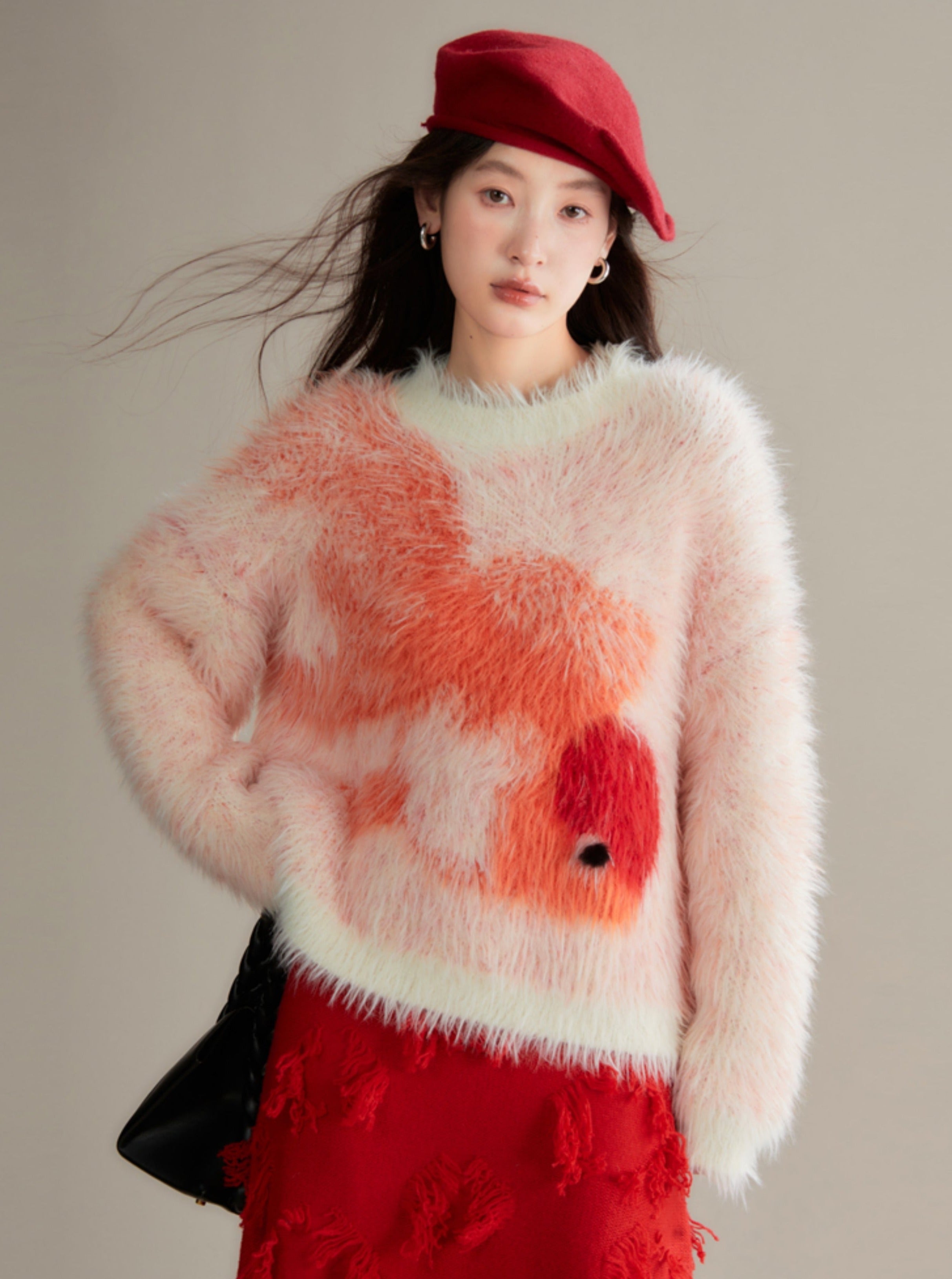 Red Koi Fish Fuzzy Sweater - Kawaii Fluffy Winter Pullover