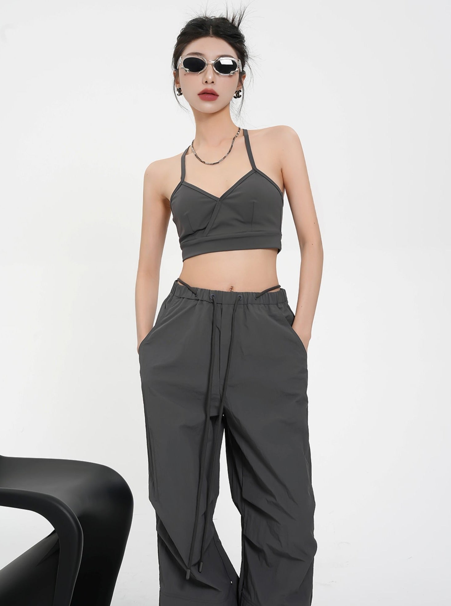 Versatile Bralette Duo: Charcoal V-Neck Athletic Crop Top & Black Lace Longline Bralette Set