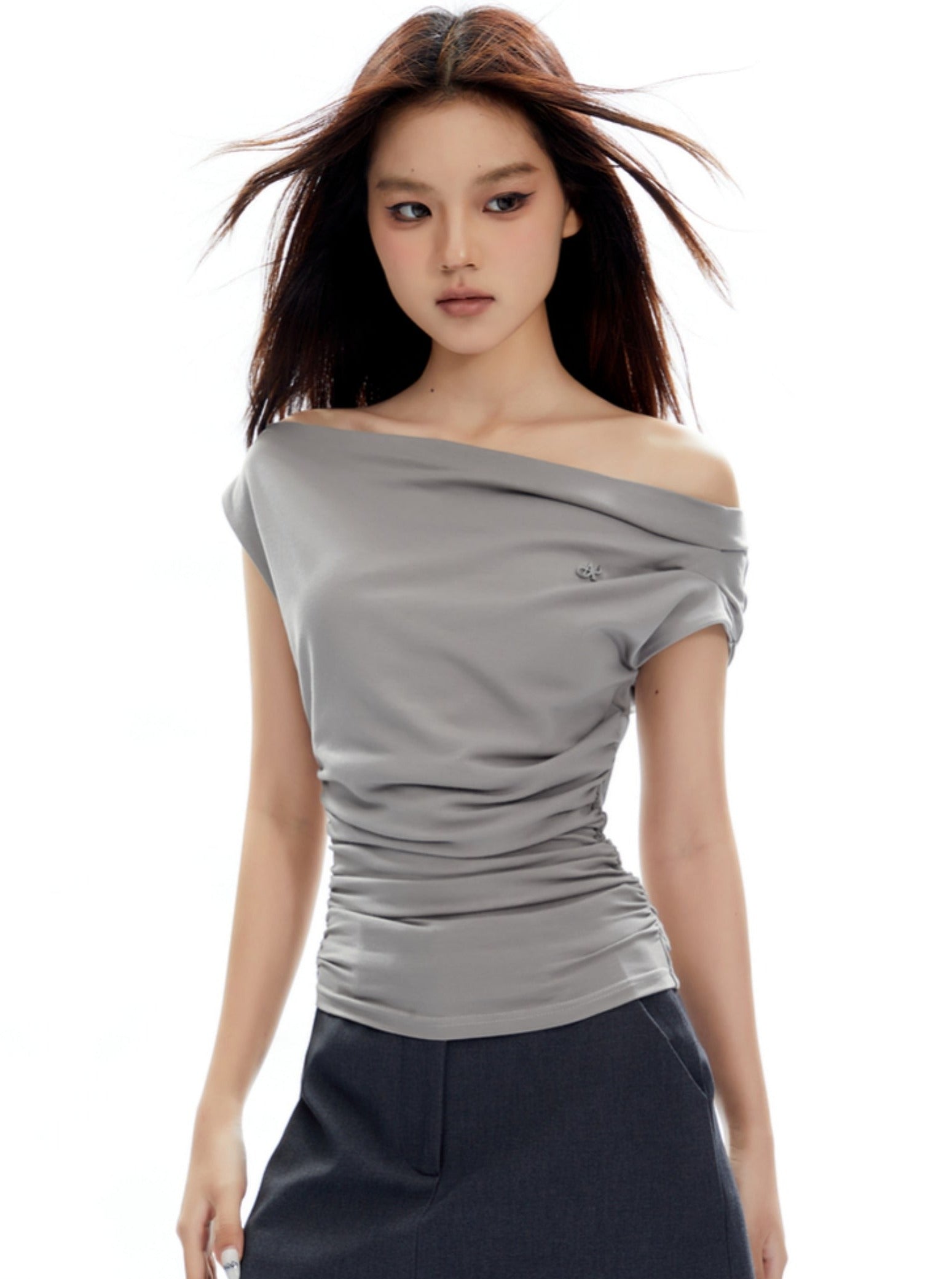 Asymmetrical Off-Shoulder Ruched Top