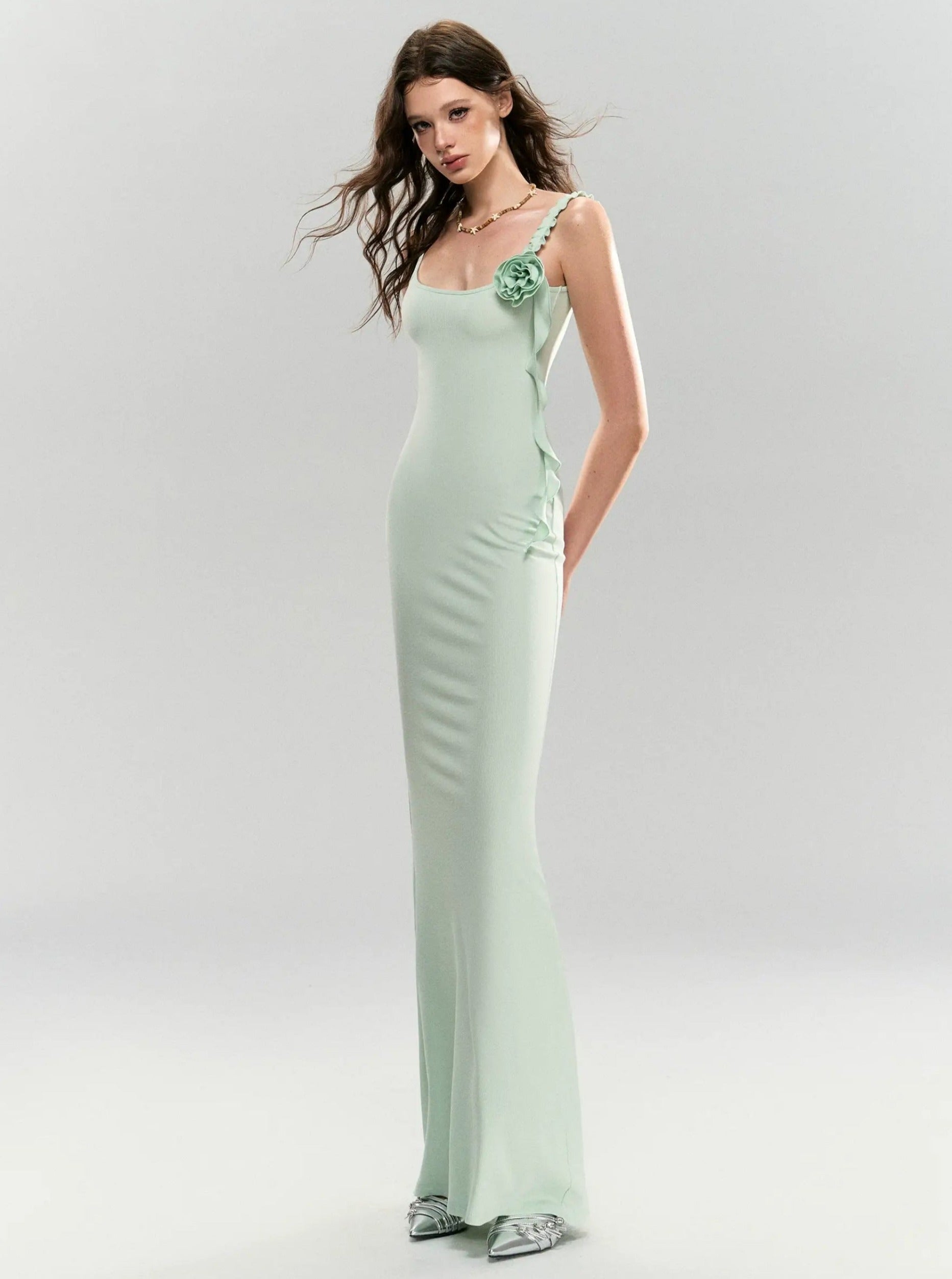 Mint Whisper Floral Strap Gown