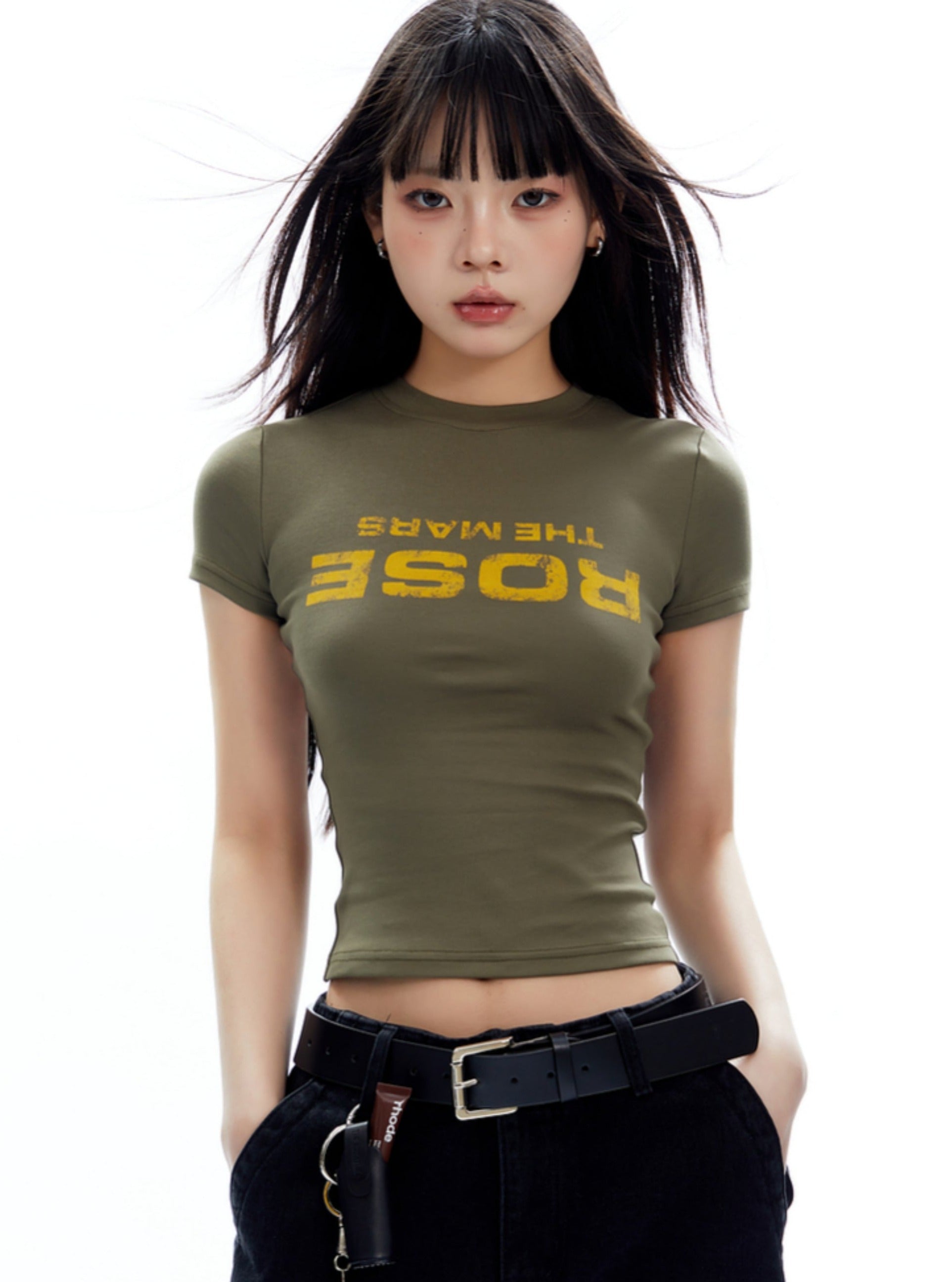 Olive Green Fitted Slogan Crop Top