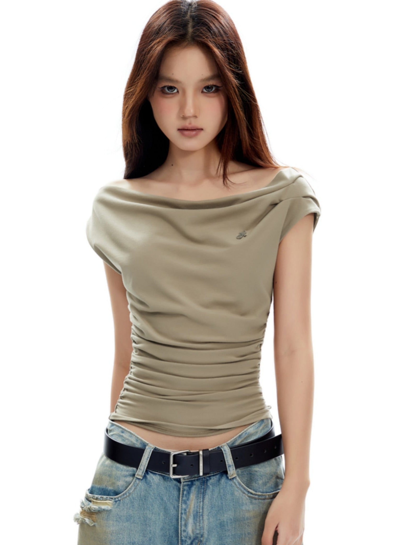 Asymmetrical Off-Shoulder Ruched Top