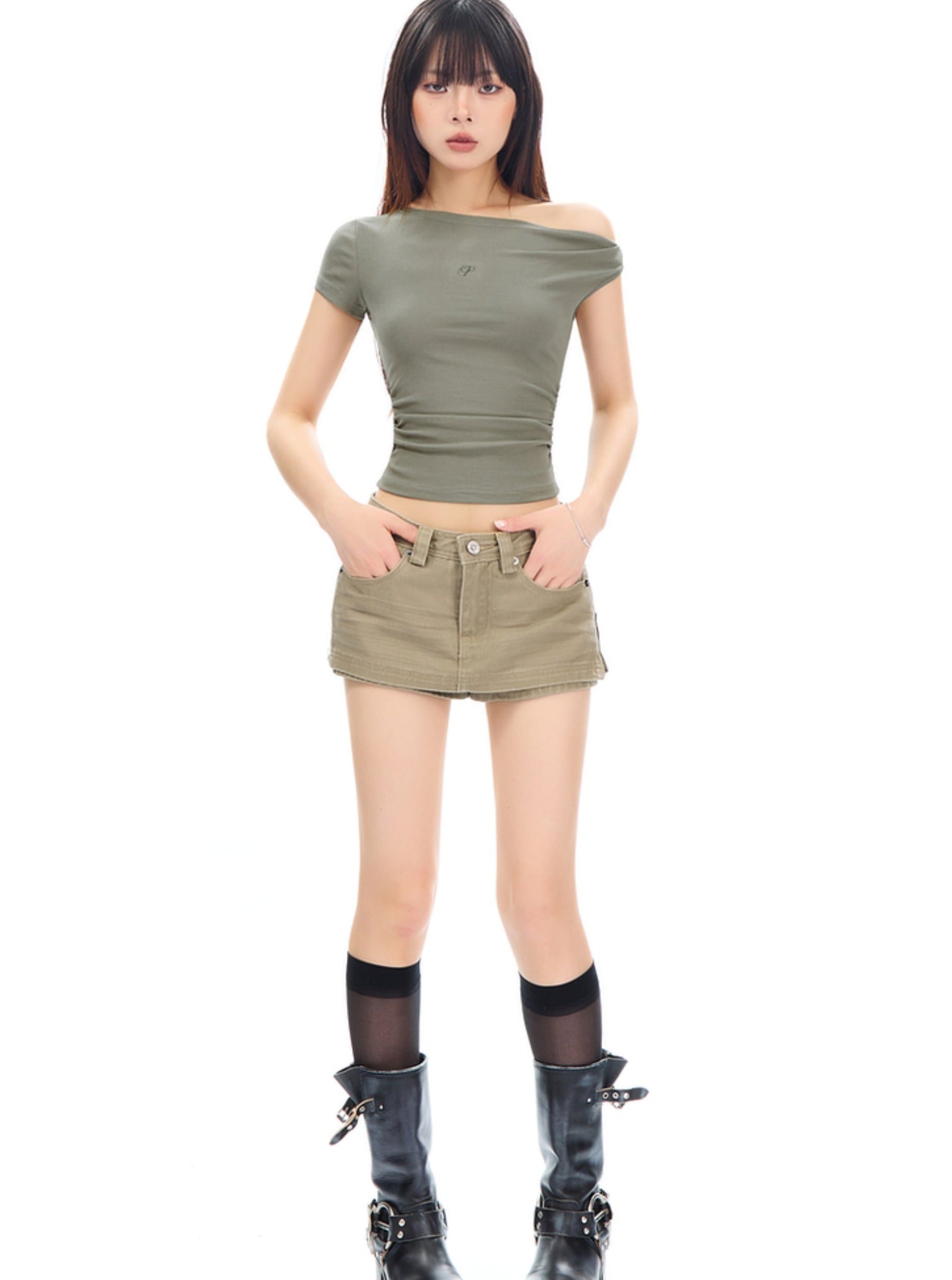 Khaki Denim Mini Skirt