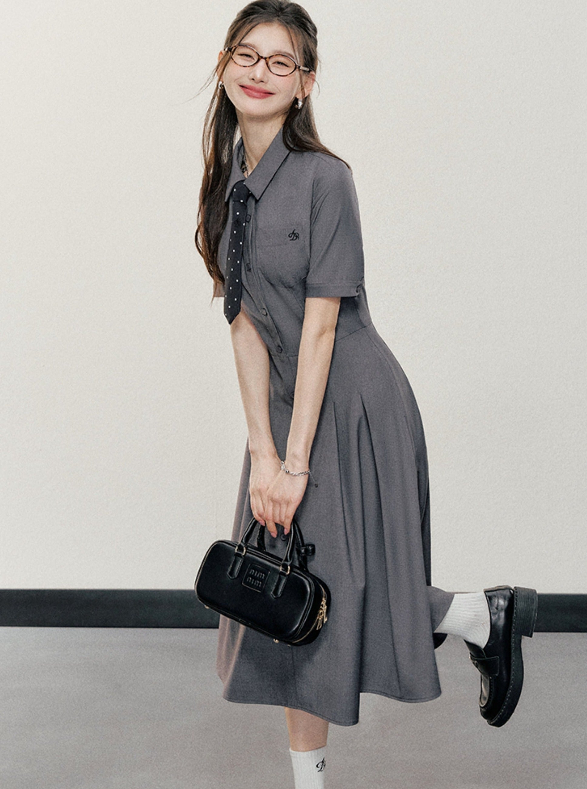 Elegant Charcoal Gray Shirt Dress: A-Line Button-Down with Short Sleeves and Collared Neckline