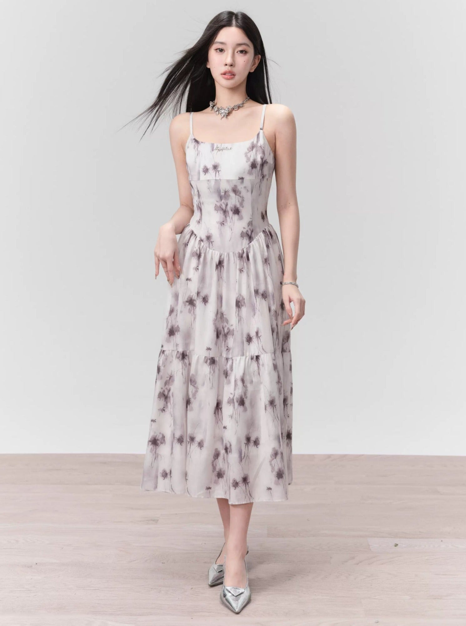 Ethereal Floral Spaghetti Strap Midi Dress in Lavender Mist