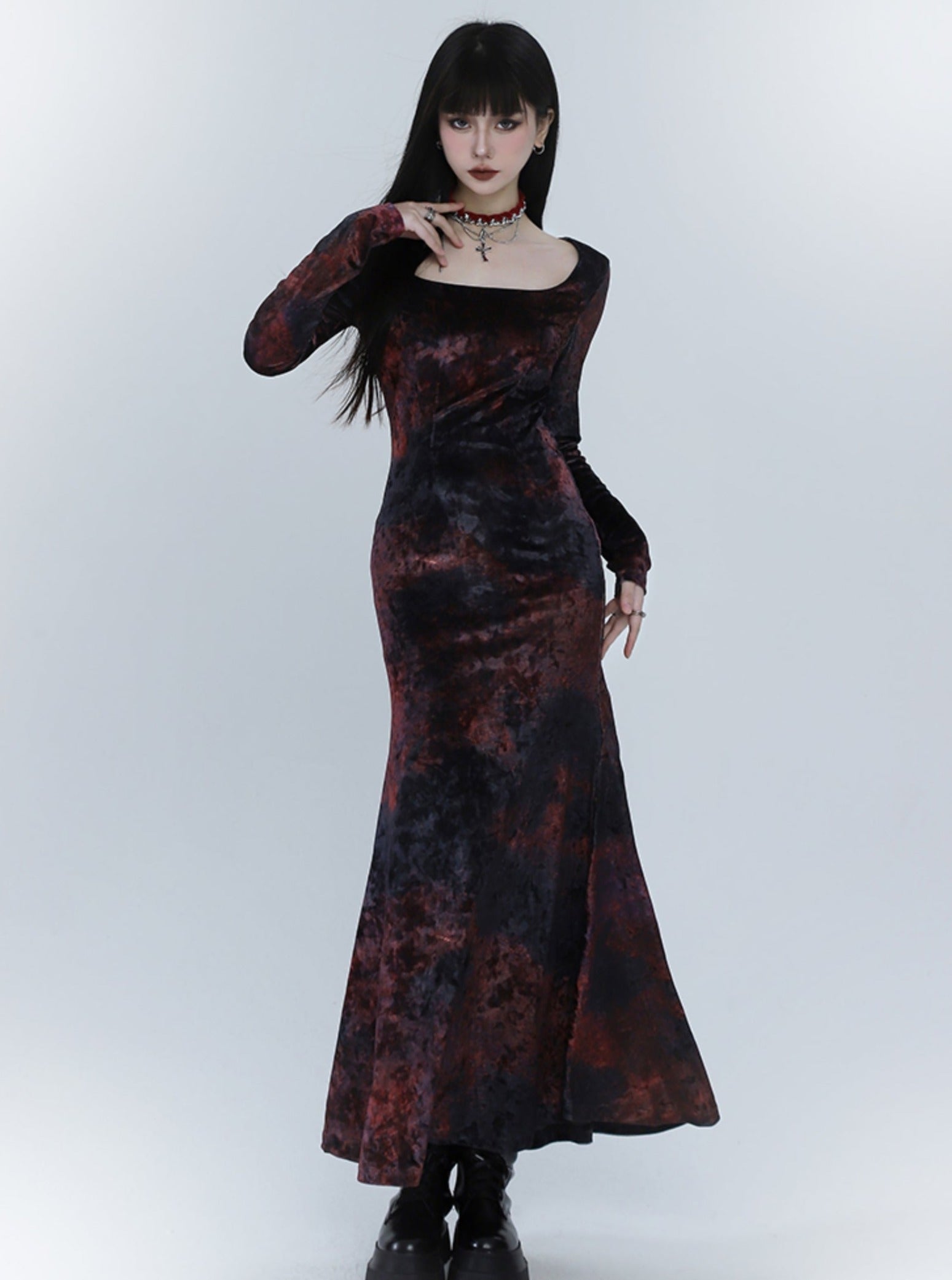 Black And Red Velvet Fishtail Dress - chiclara