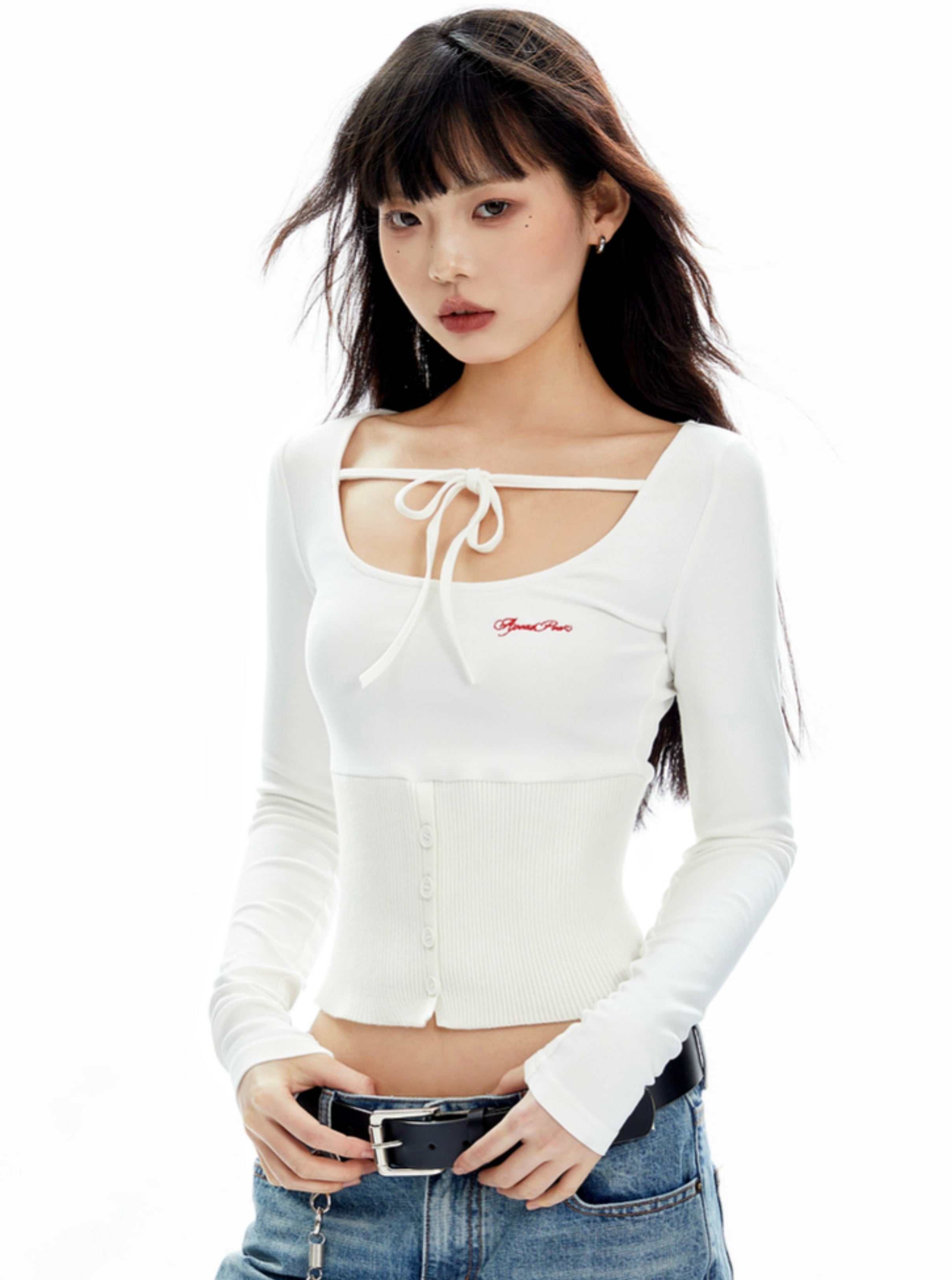 White Tie-Front Corset-Style Long Sleeve Crop Top