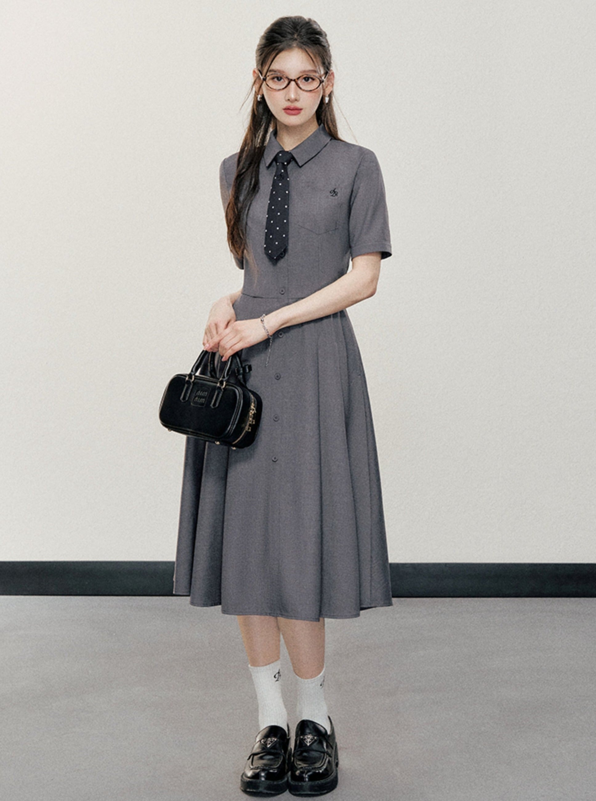 Elegant Charcoal Gray Shirt Dress: A-Line Button-Down with Short Sleeves and Collared Neckline