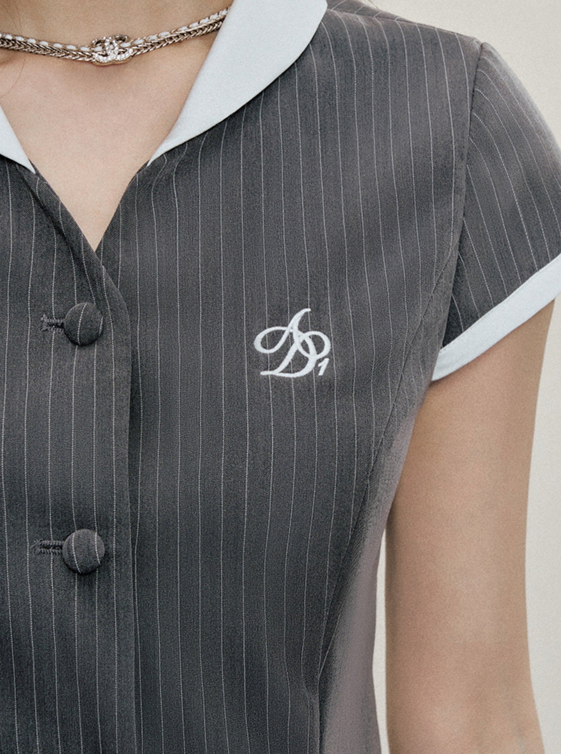 Pinstripe Button-Front Mini Dress: Short Sleeve Collared Shirtdress with Embroidered Logo