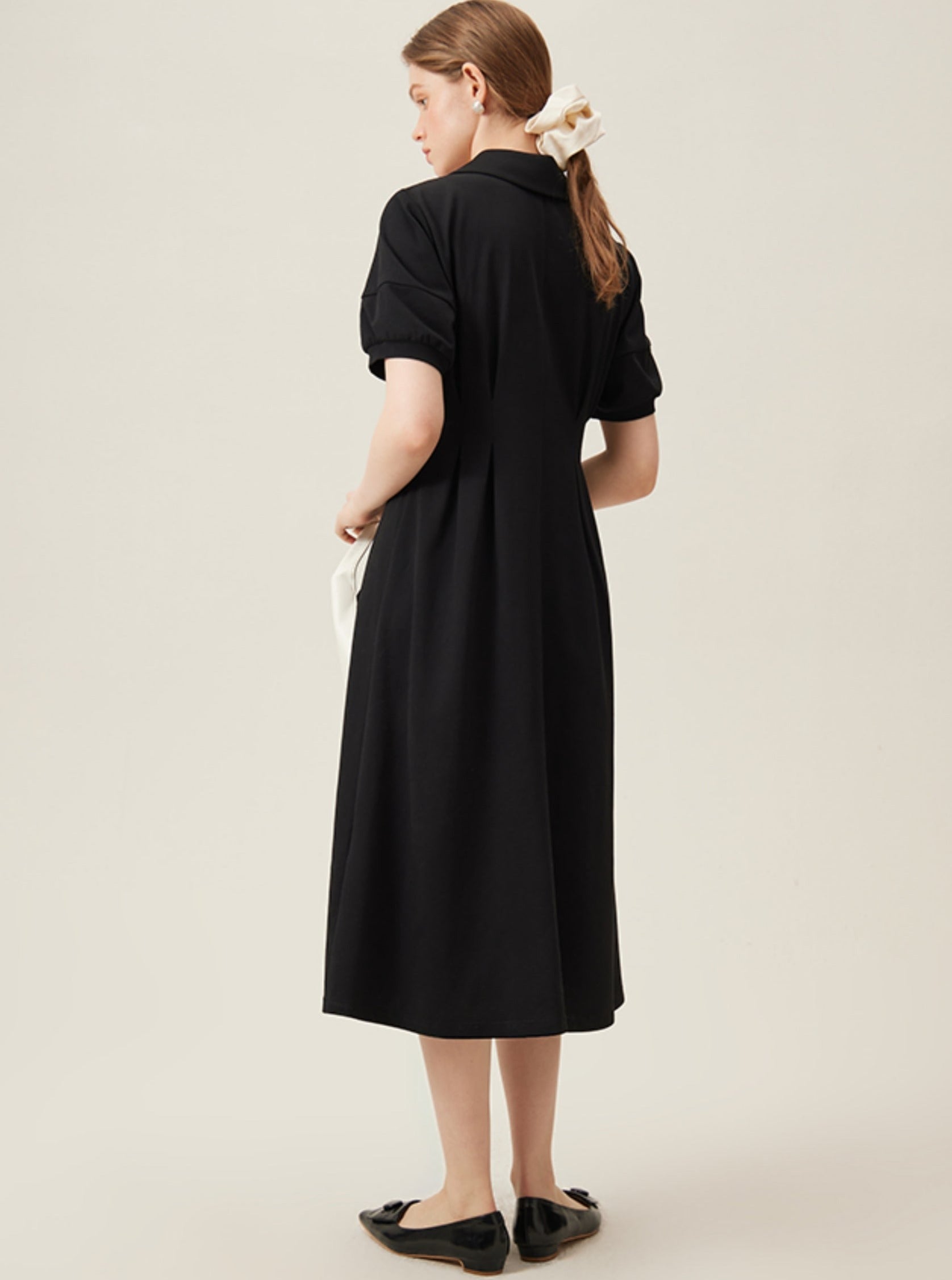 Minimalist Short Puff Sleeves Midi-length Dress