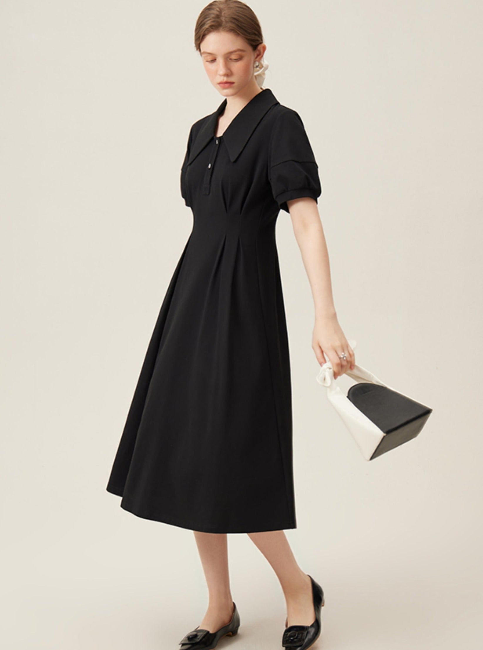 Minimalist Short Puff Sleeves Midi-length Dress