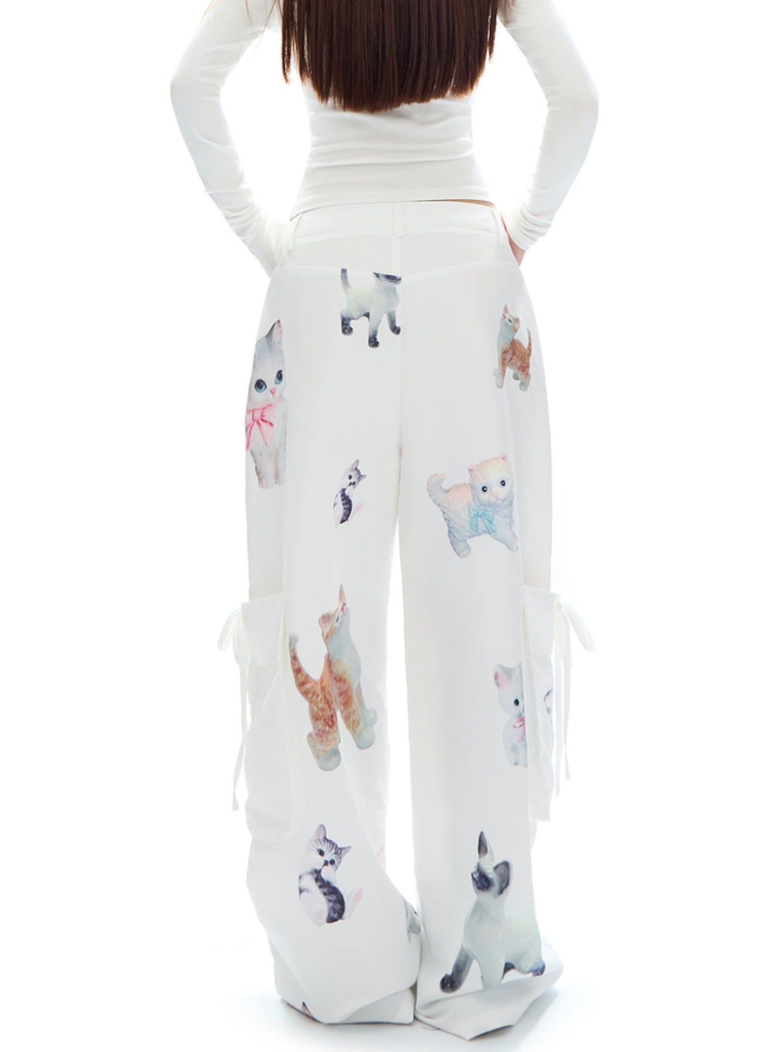 Kawaii Kitten Print Wide-Leg Lounge Pants