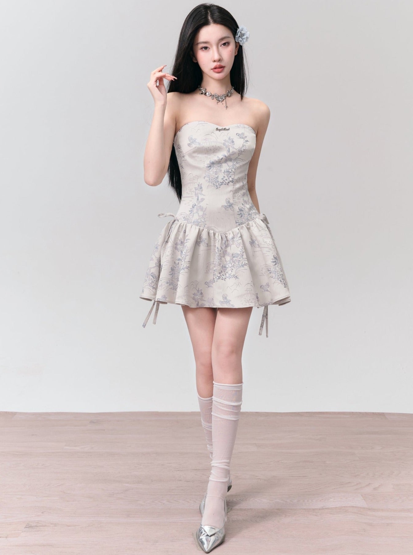 Enchanted Garden Strapless Mini Dress: Ivory Floral Jacquard with Side Bow Details