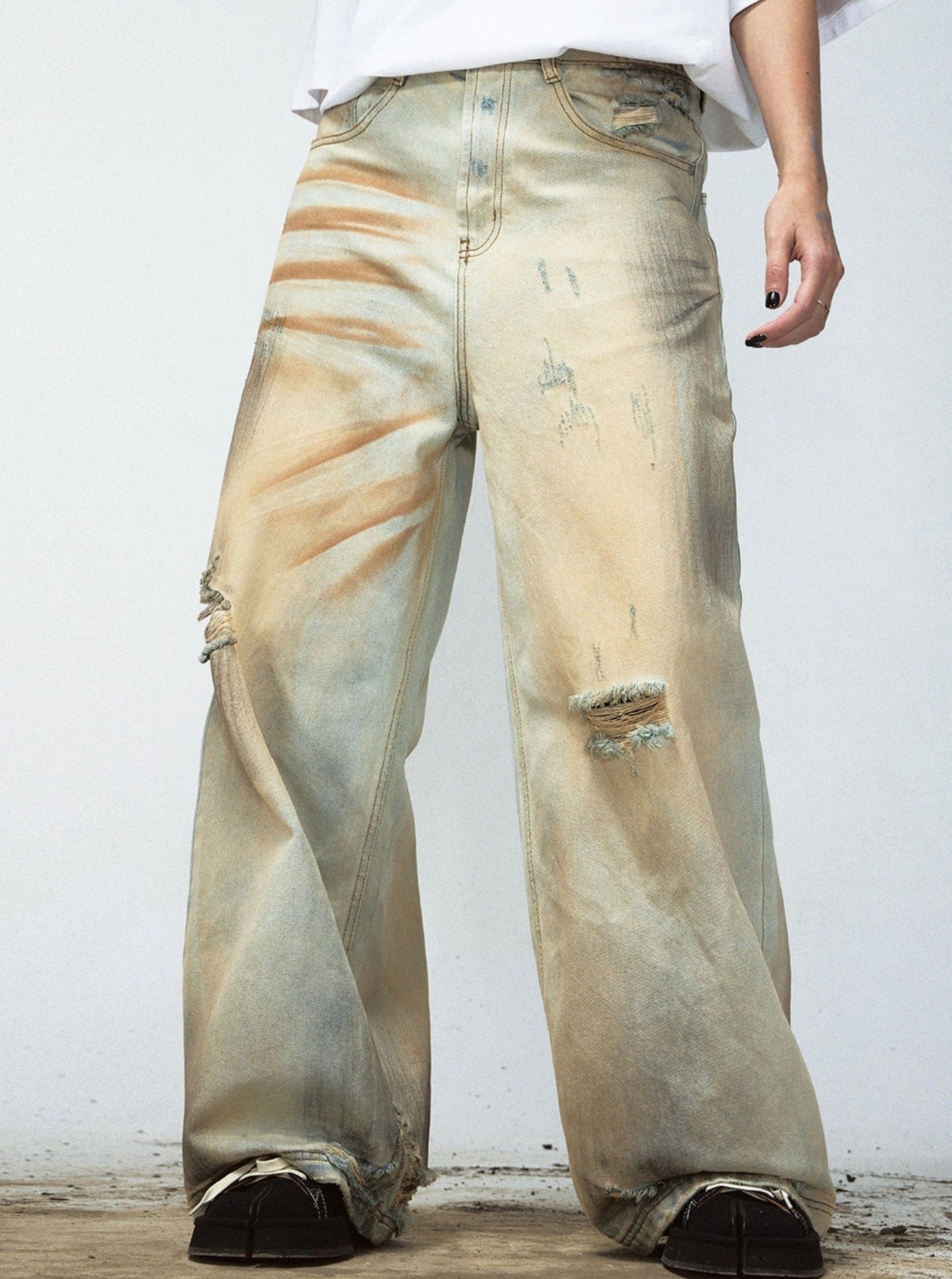 Men's Retro Ripped Yellow Denim Pants
