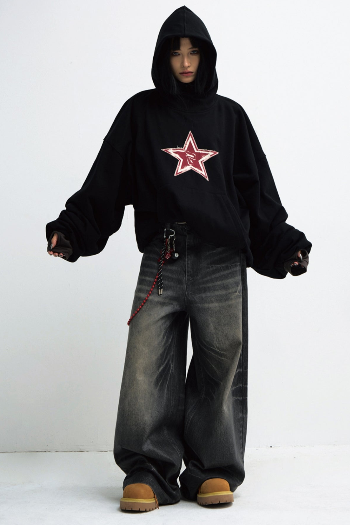 Men's Loose Black Star Embroidered Hoodie