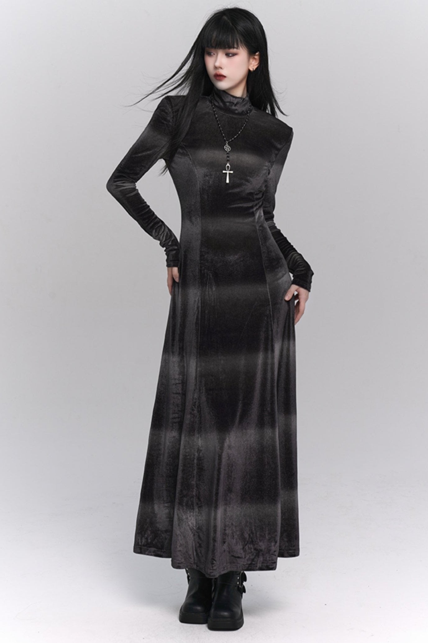 Gothic Velvet Turtleneck Maxi Dress