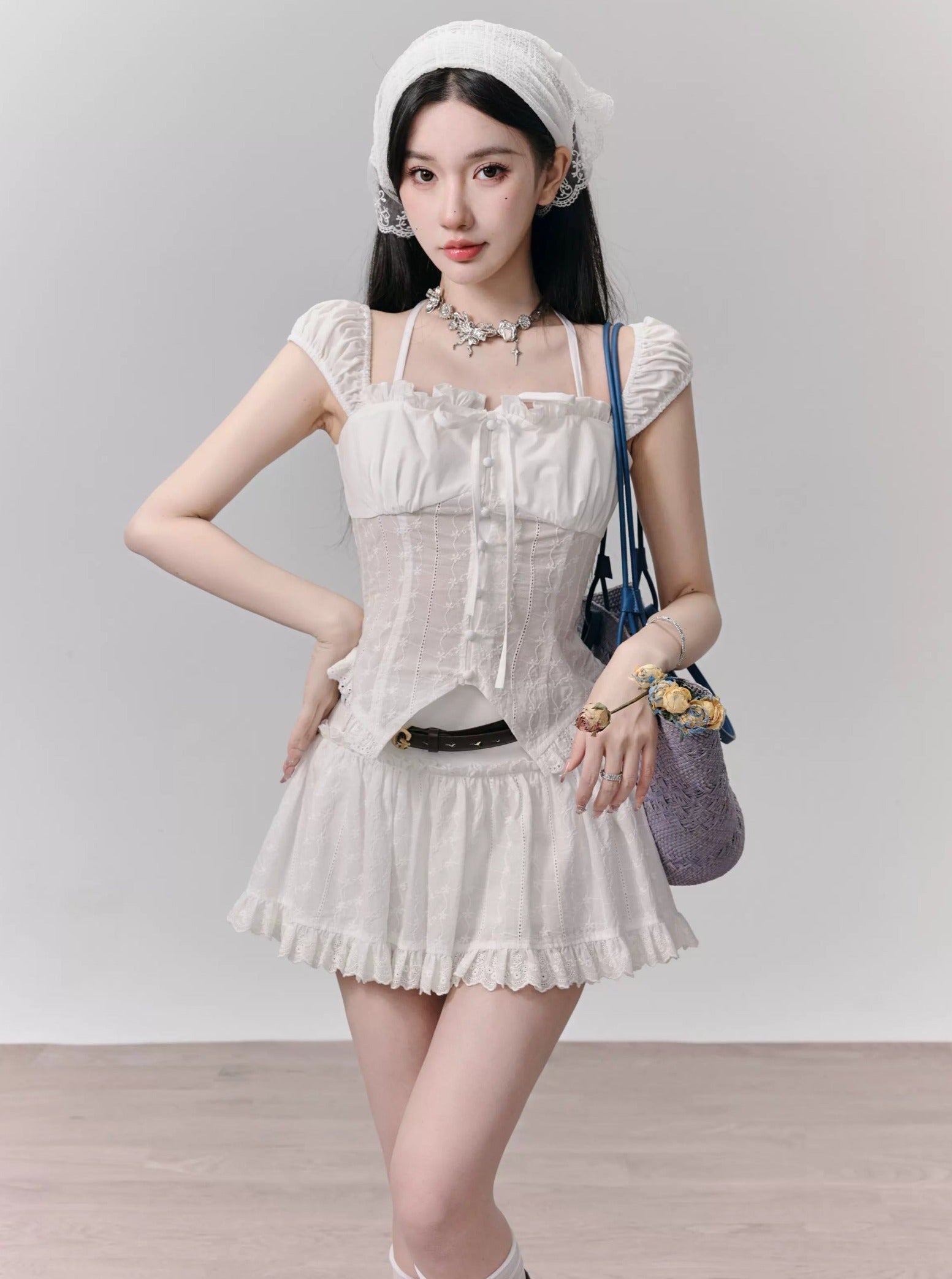 White Ruffle Trim Mini Skirt and Peasant Blouse Set