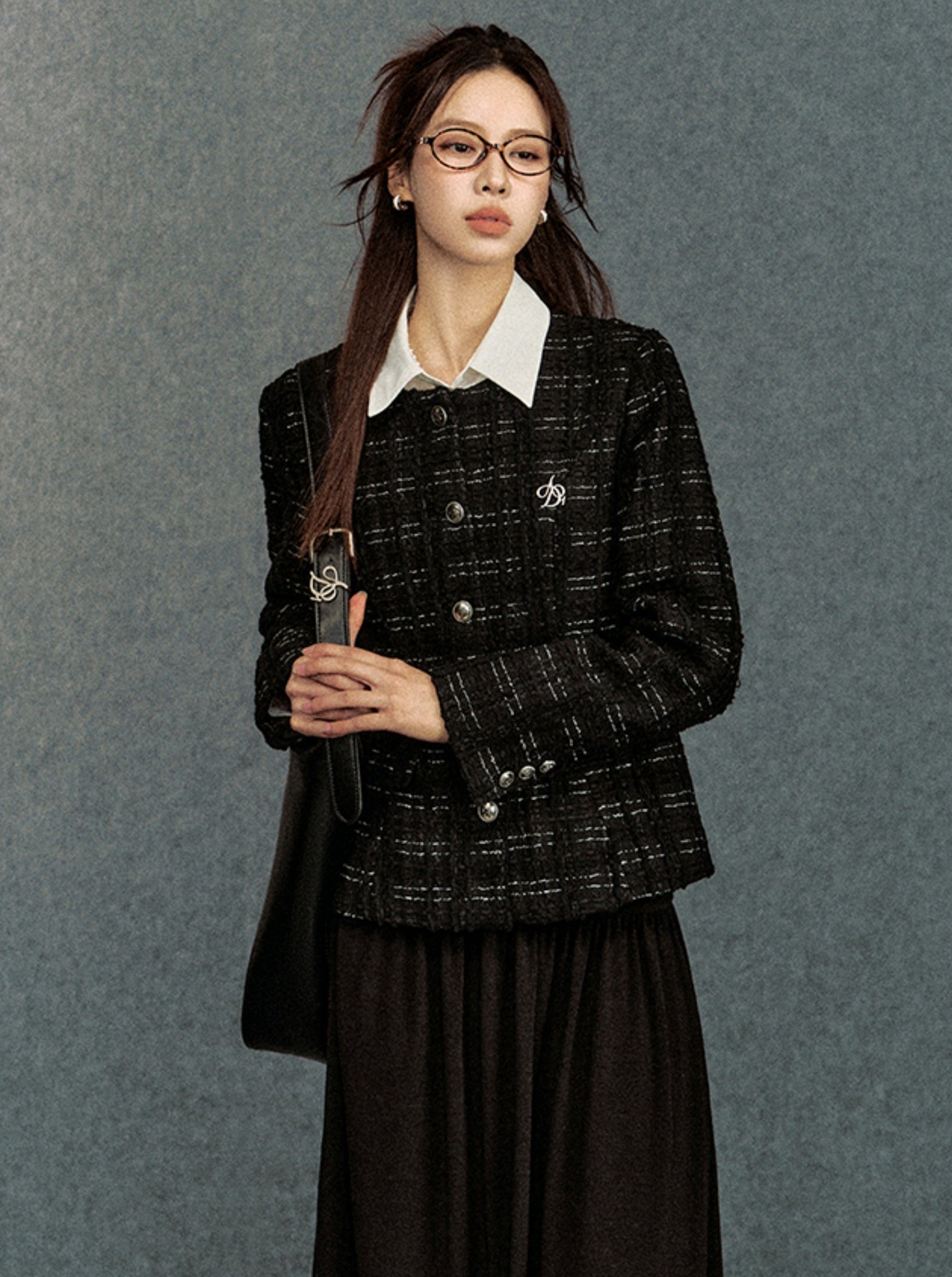 Black Tweed Blazer: Classic Button-Front Jacket with Metallic Thread and Embroidered Logo