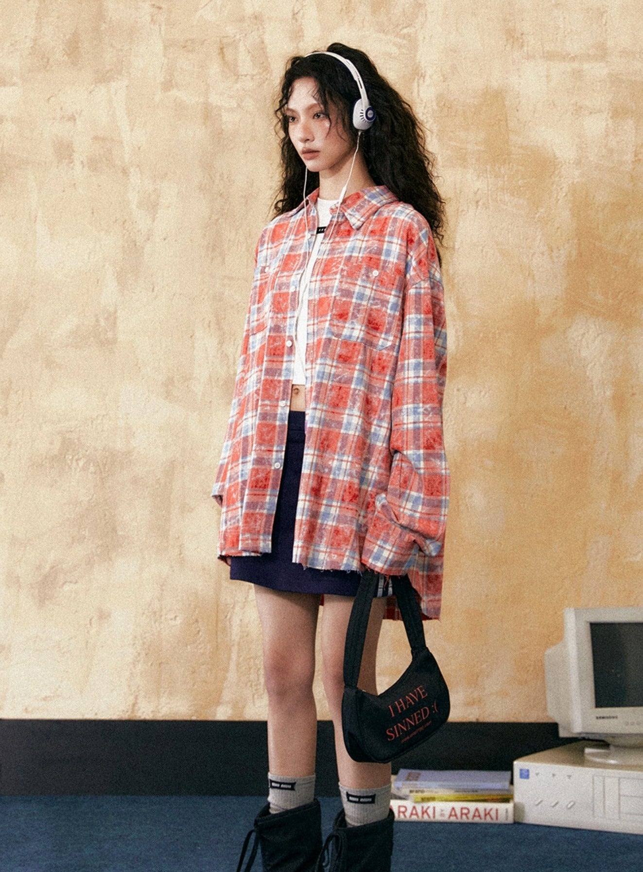 Stitching Contrasting Plaid Long-Sleeved Shirt - chiclara