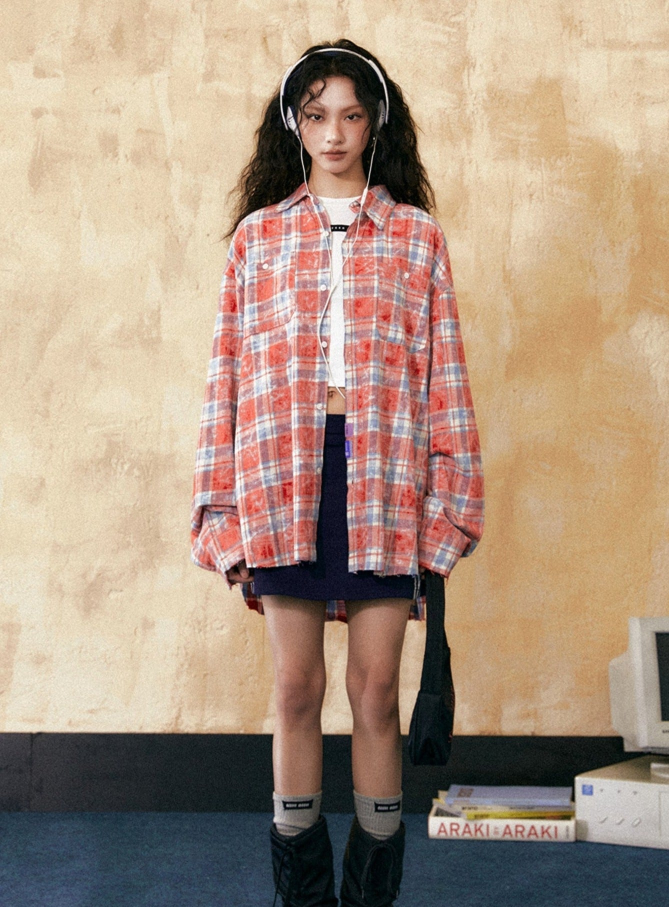 Stitching Contrasting Plaid Long-Sleeved Shirt - chiclara