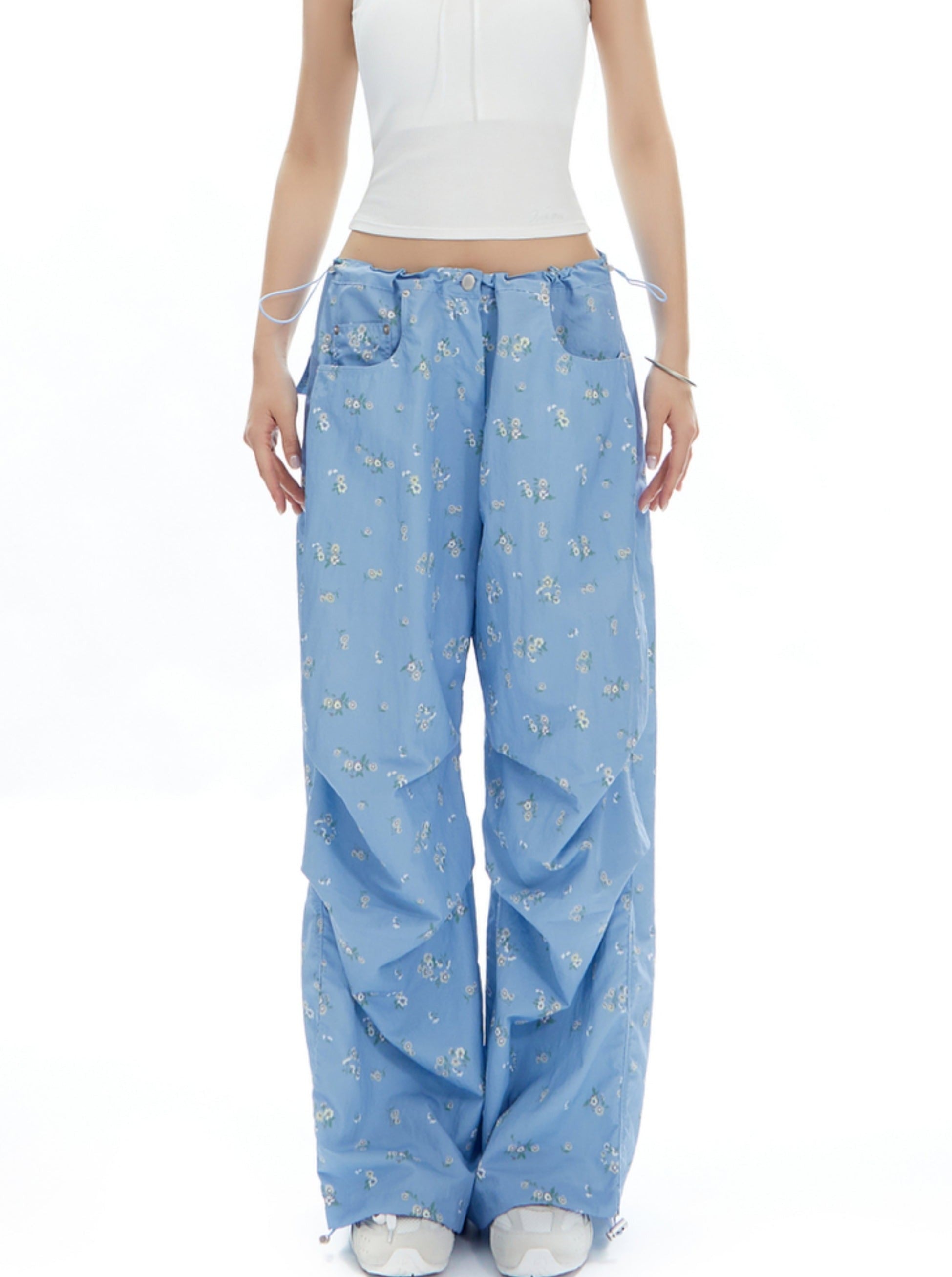 Light Blue Wide-Leg Pants with Butterfly Print