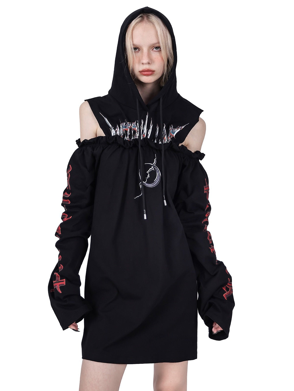 PINKSPINK Gothic Off-Shoulder Hoodie - Black