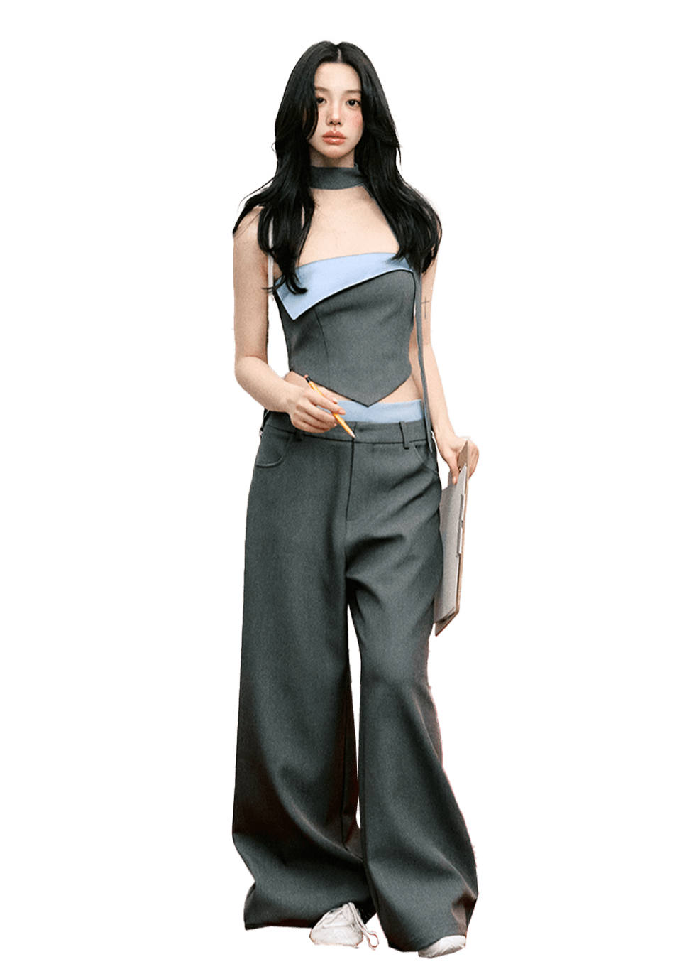 Contrast Color Cuffed Bandeau Top & Wide-Leg With Waistband Pants Set