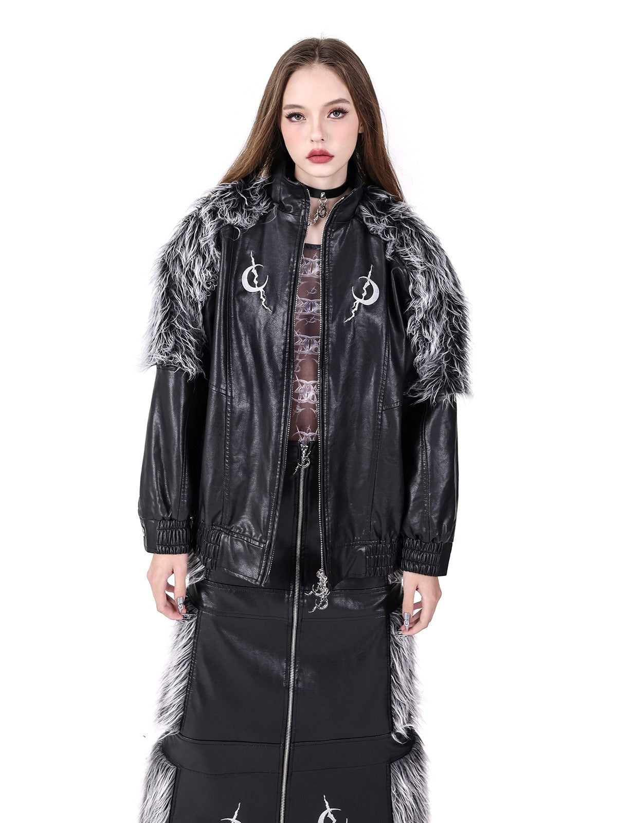 PINKSPINK Gothic Lunar Bomber Jacket - Black with Faux Fur