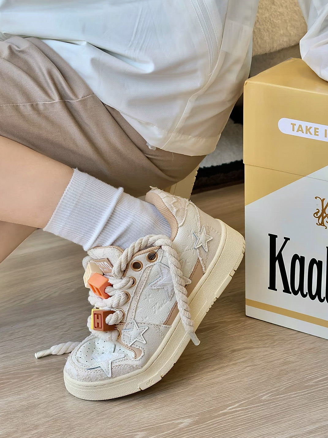 Beige Lace Star Low-Top Sneakers - View 3