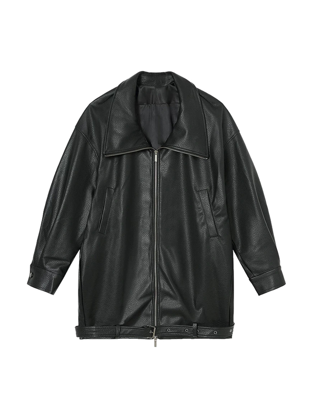 Belted Hem Oversized Faux-Leather Zip Jacket - product view