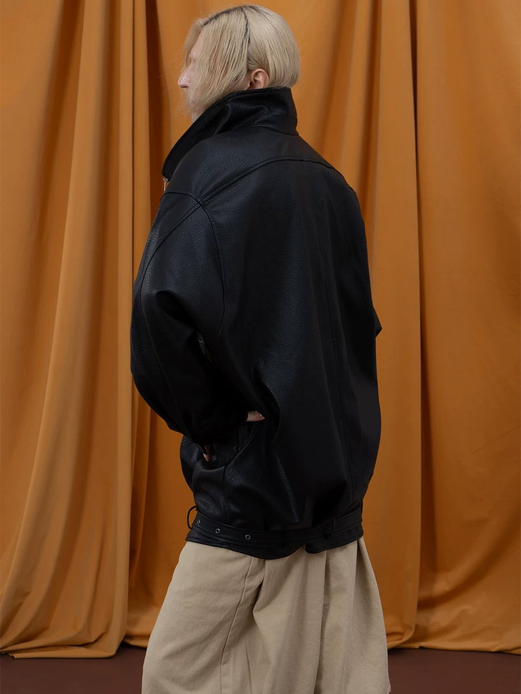 Belted Hem Oversized Faux-Leather Zip Jacket - view 3