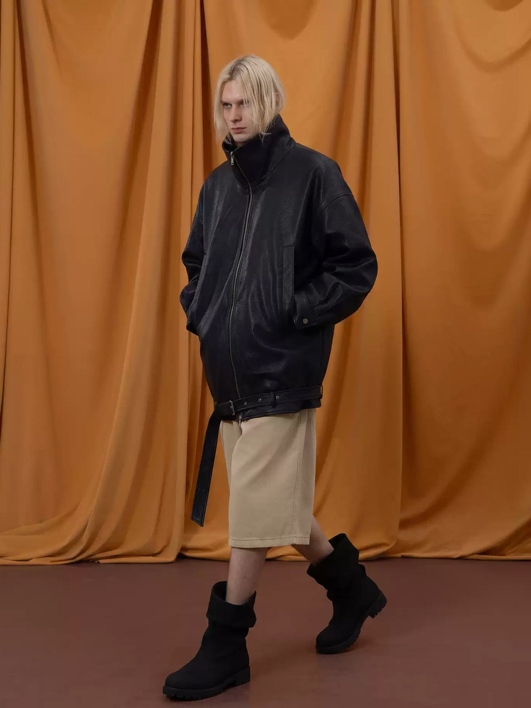 Belted Hem Oversized Faux-Leather Zip Jacket - view 5