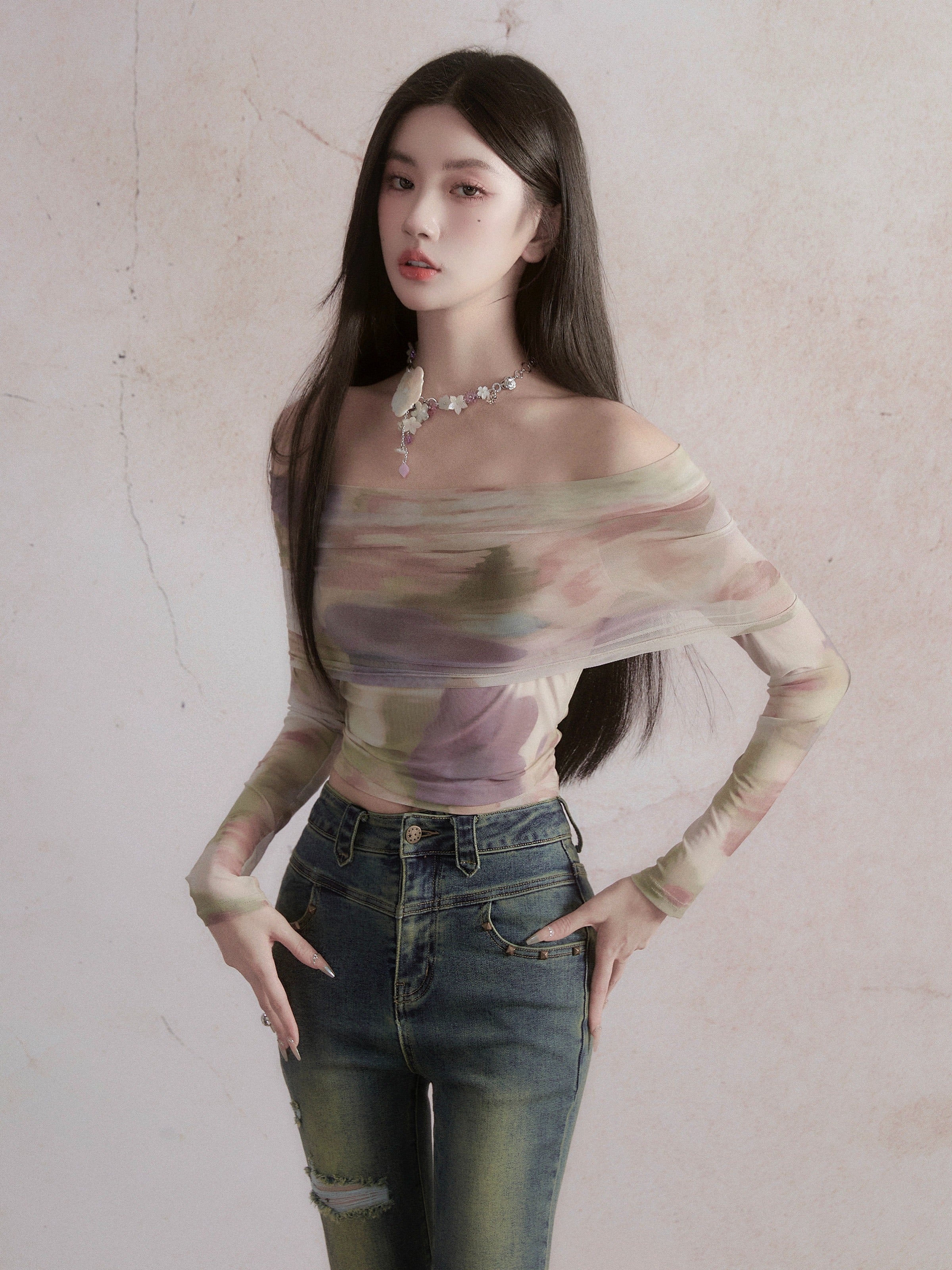 Dreamy Watercolor Off-Shoulder Crop Top: Pastel Tie-Dye Long Sleeve Blouse