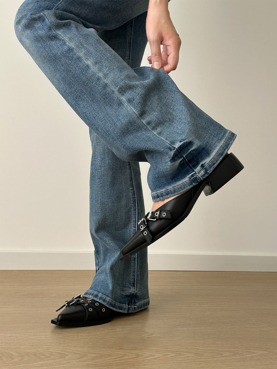 Black Buckle-Strap Pointed Mary Jane Flats - View 2
