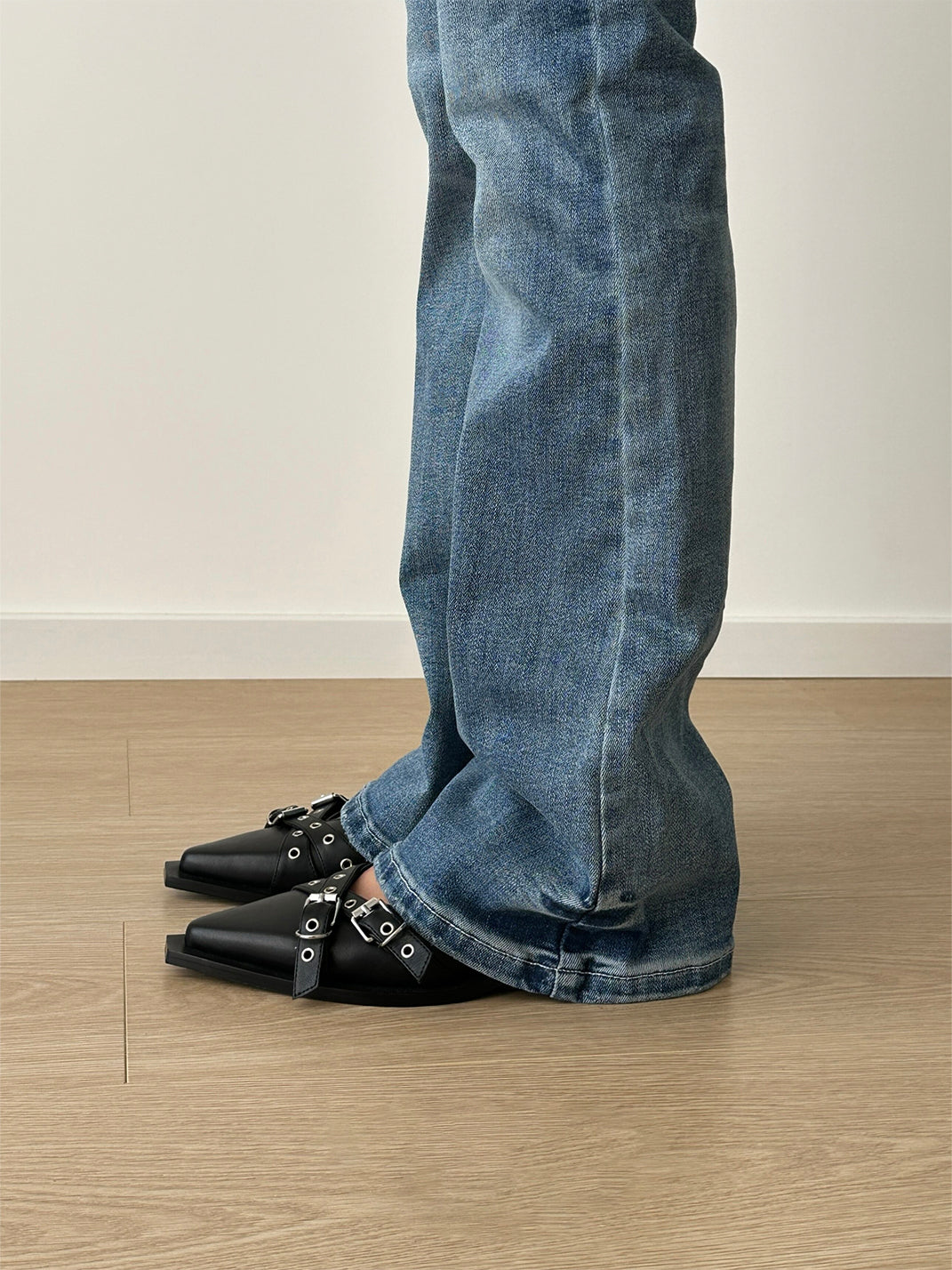 Black Buckle-Strap Pointed Mary Jane Flats - View 4