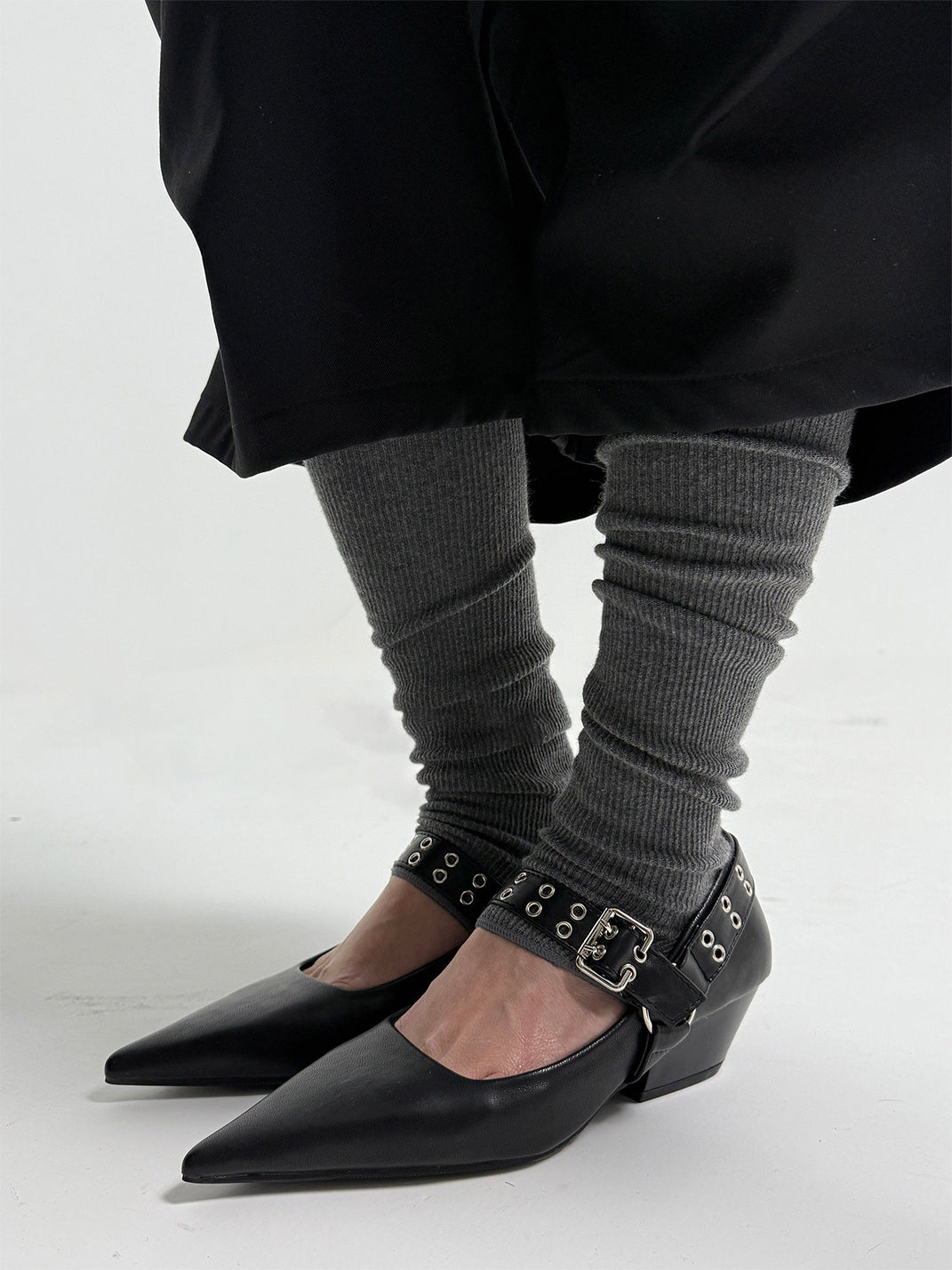 Black Buckle-Strap Pointed Mary Jane Pumps - View 2