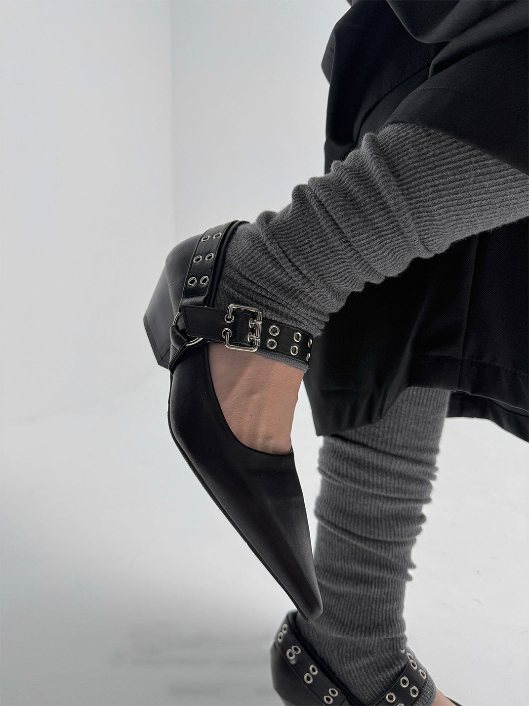 Black Buckle-Strap Pointed Mary Jane Pumps - View 4