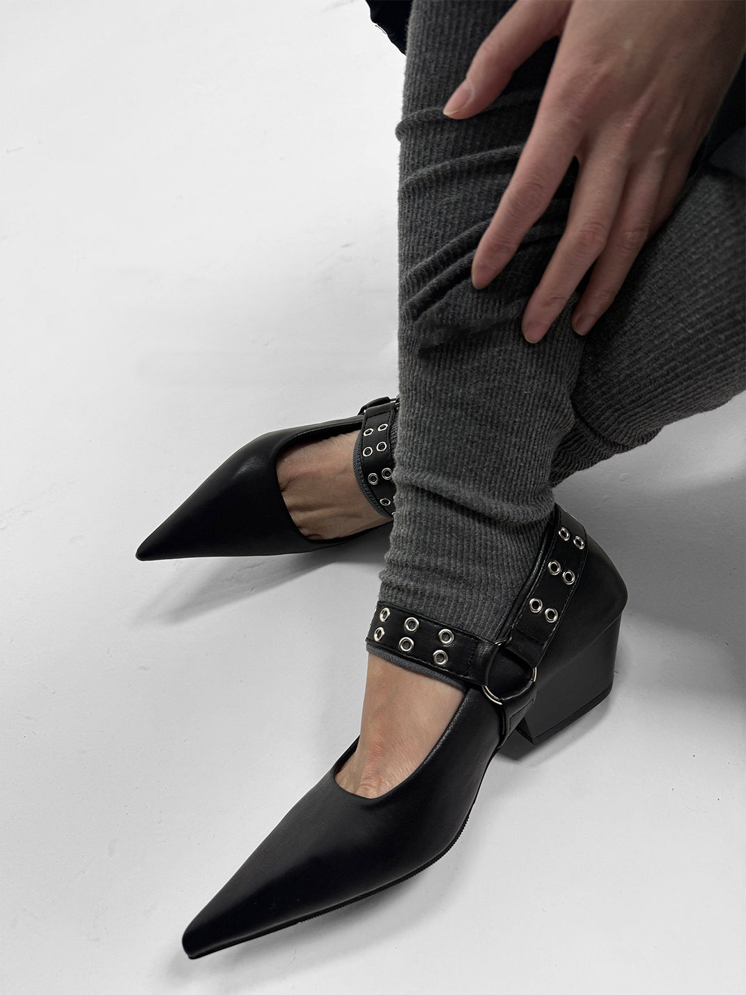 Black Buckle-Strap Pointed Mary Jane Pumps - View 7