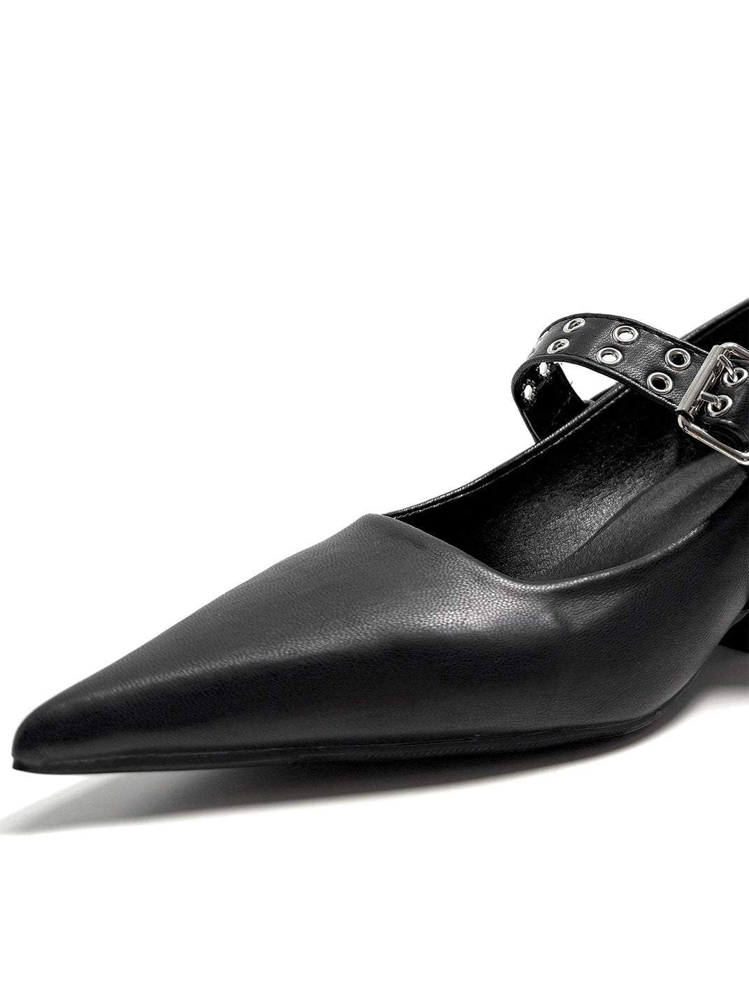 Black Buckle-Strap Pointed Mary Jane Pumps - View 9