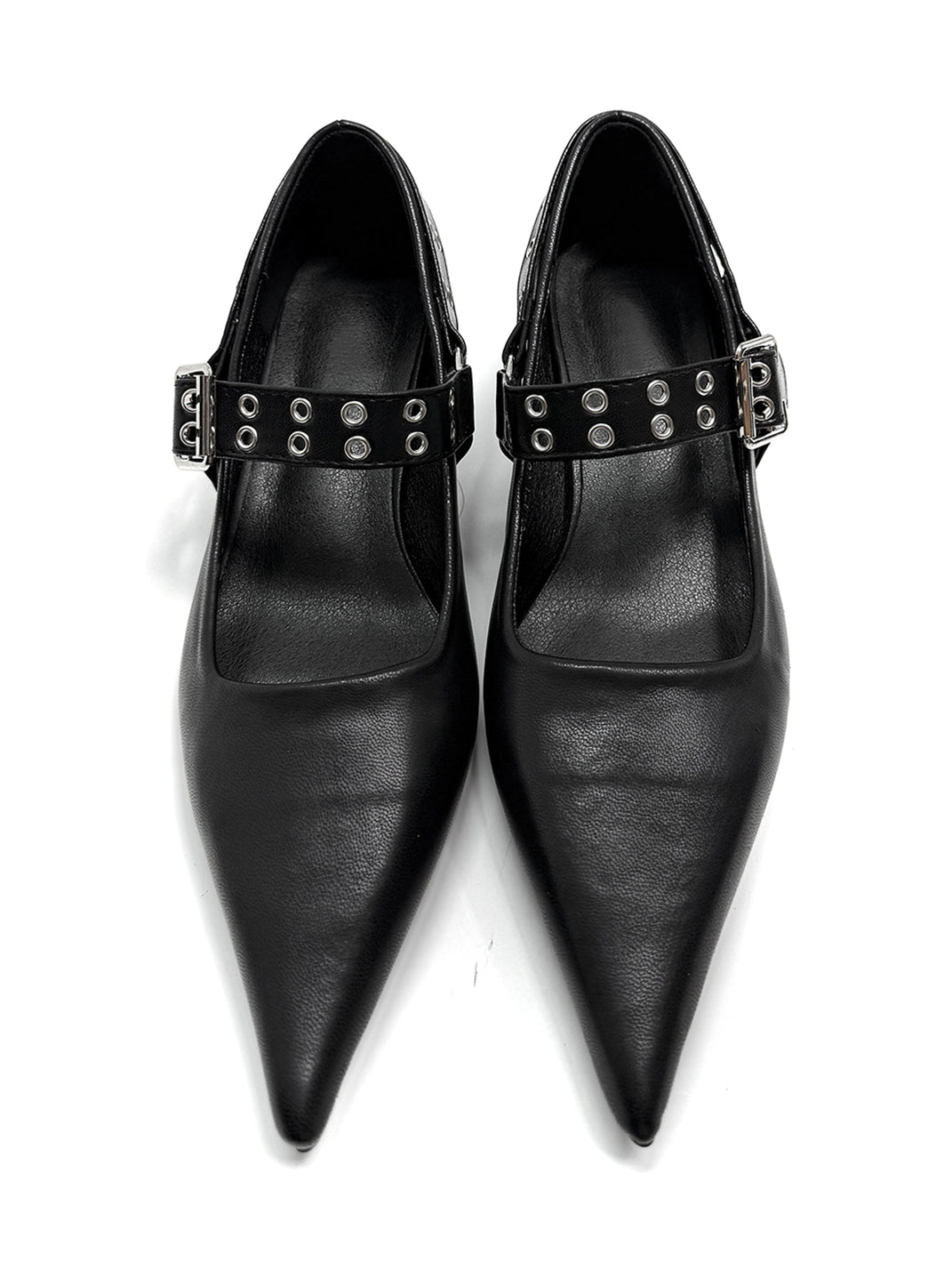 Black Buckle-Strap Pointed Mary Jane Pumps - View 12