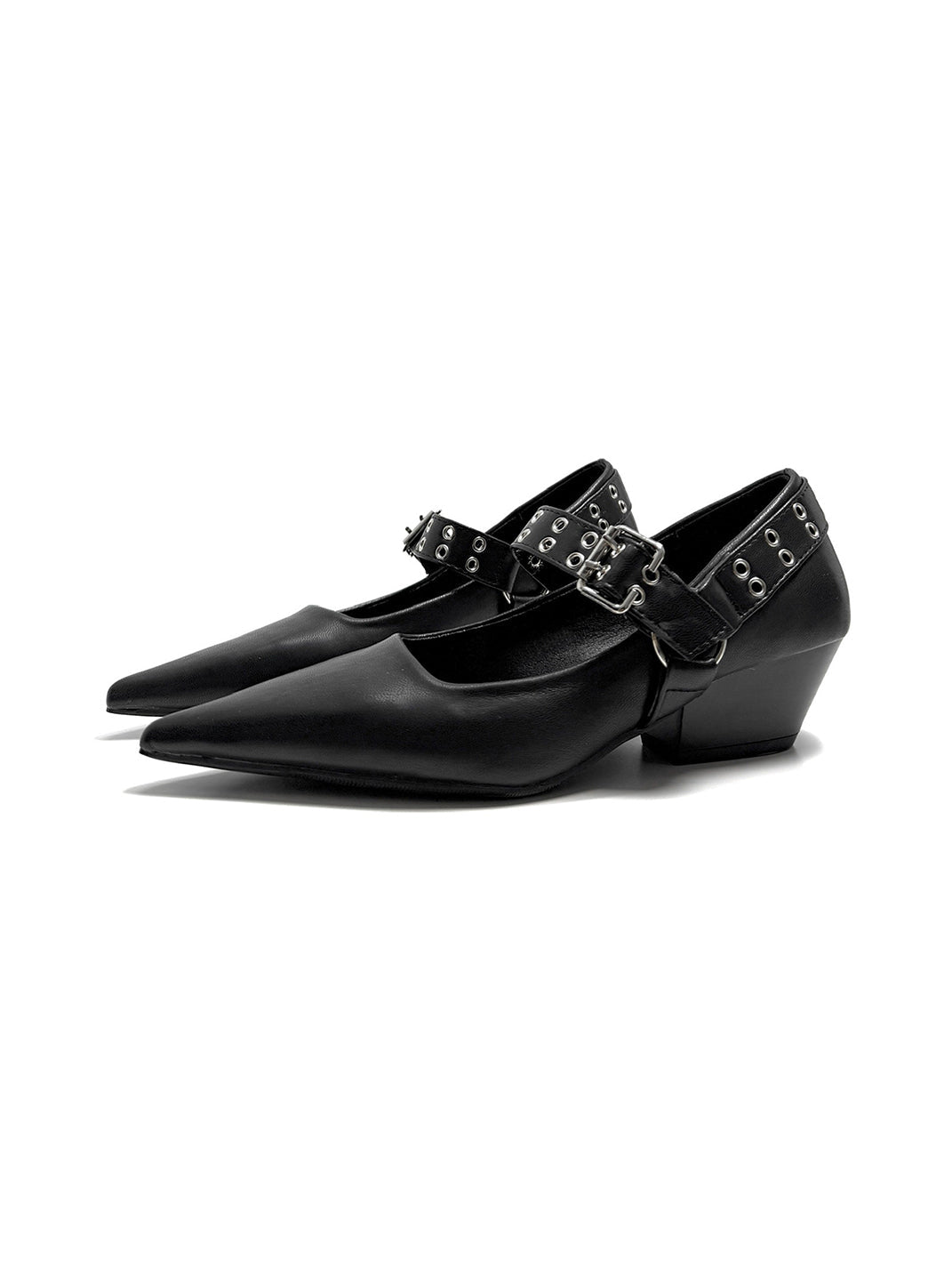 Black Buckle-Strap Pointed Mary Jane Pumps - View 13