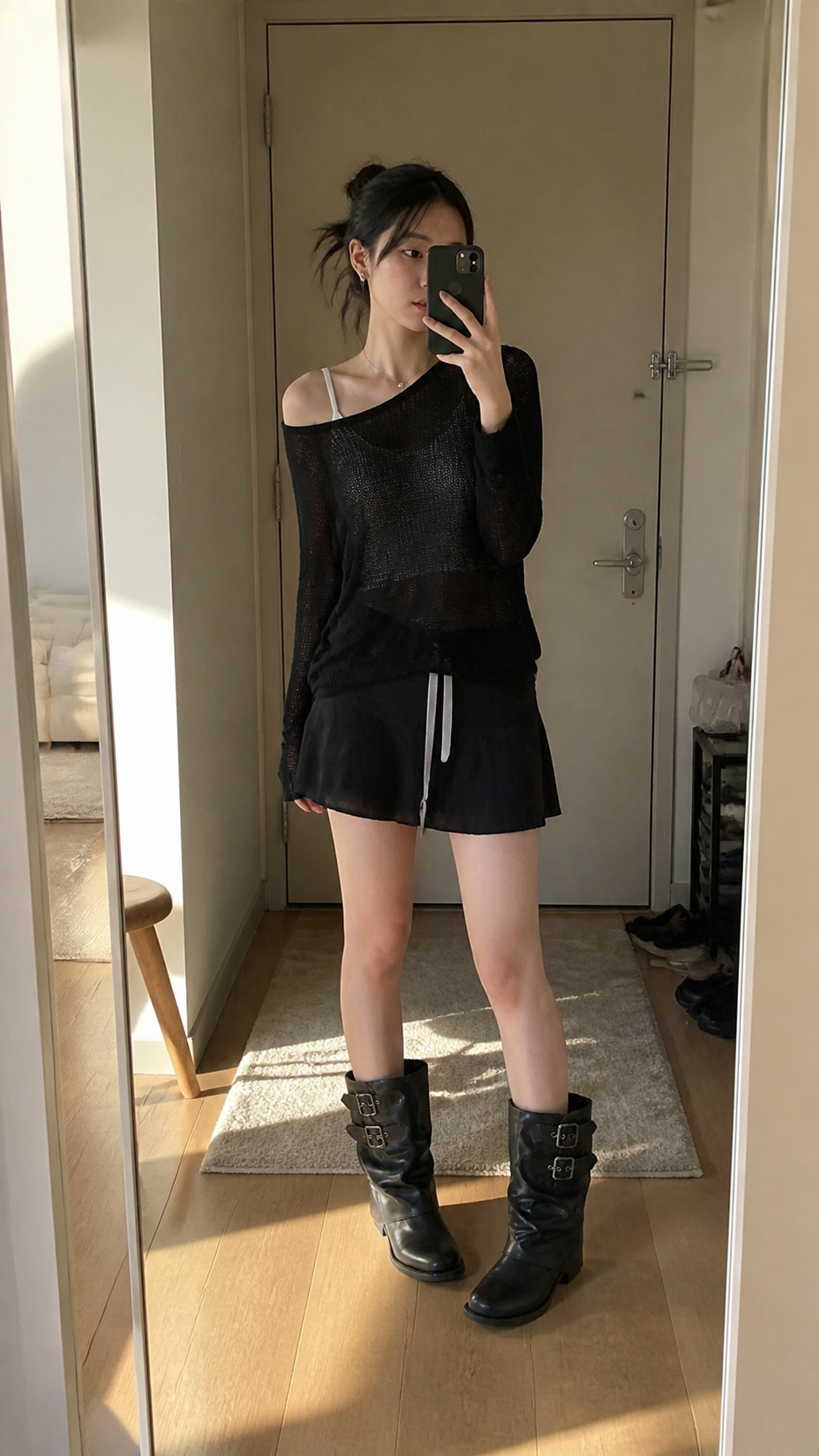 Black Buckled Wrinkle-Shaft Leather Boots Black natural UGC showcase 1