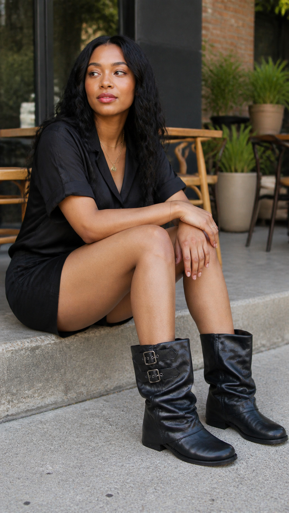 Black Buckled Wrinkle-Shaft Leather Boots Black natural UGC showcase 2